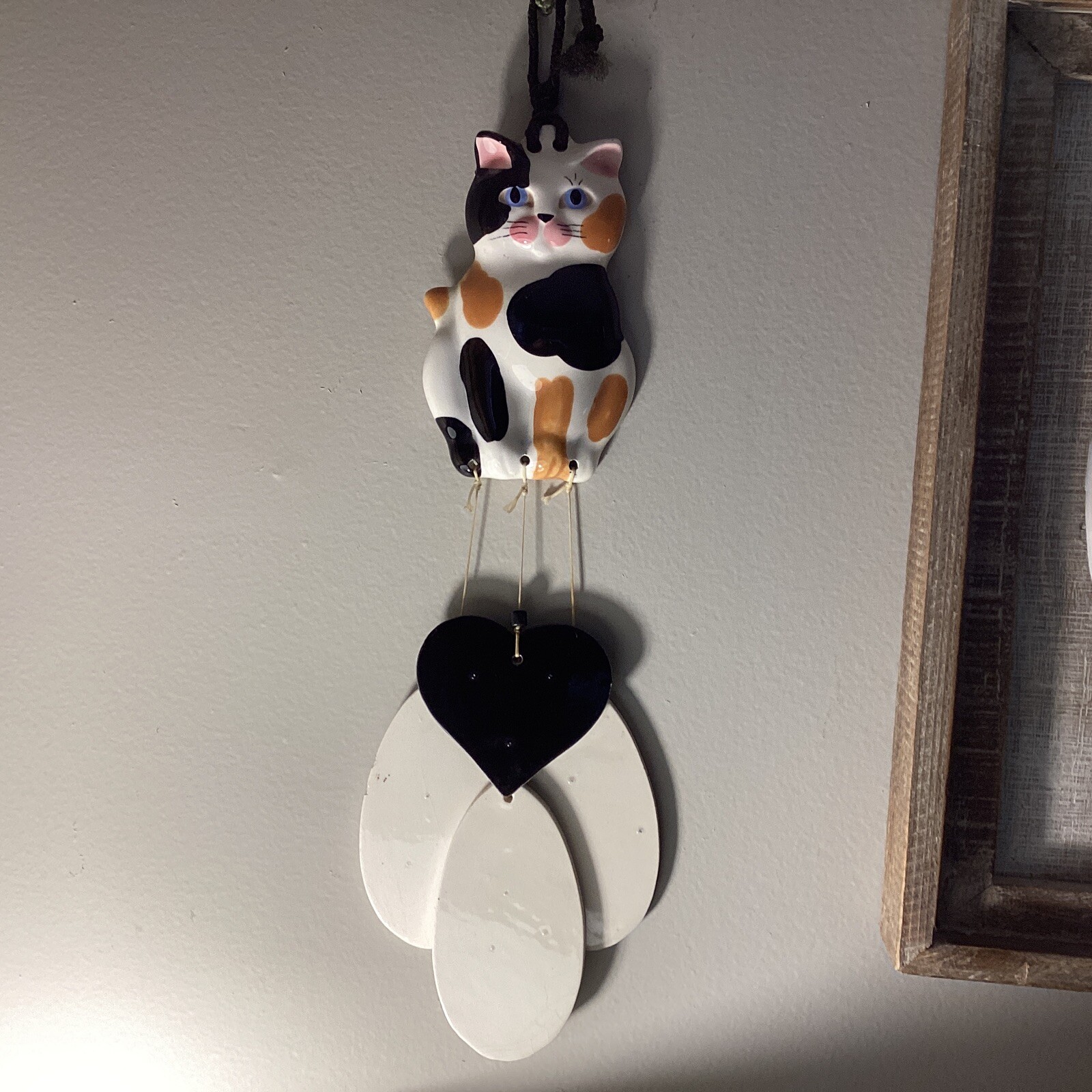 Vintage Glazed Pottery Cat & Heart Wind Chimes Calico Cat Kitty wall Hanging