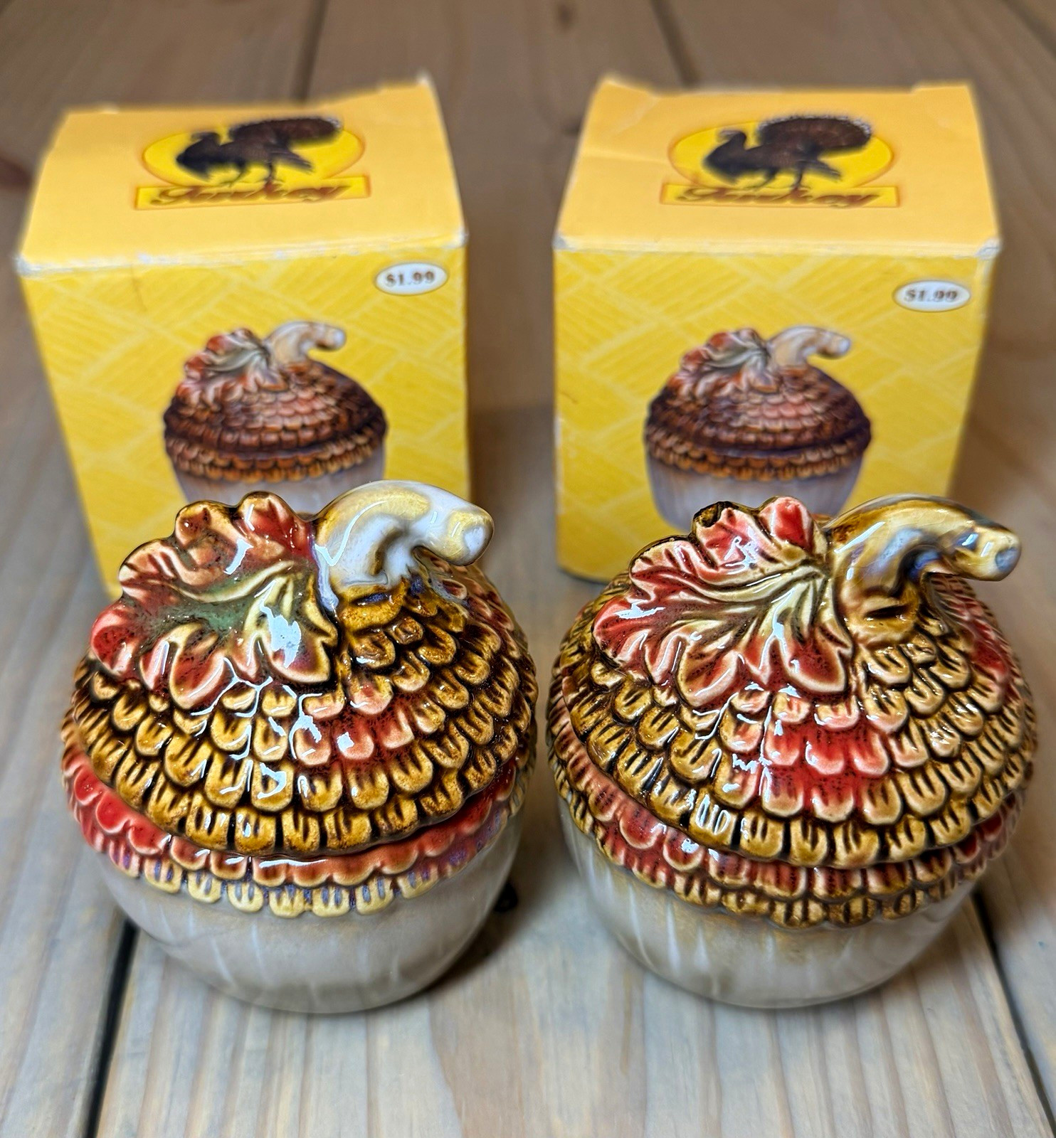 Vintage Glazed Ceramic Acorn Lidded Tea Light Holder Set of 2, Boxed, Small