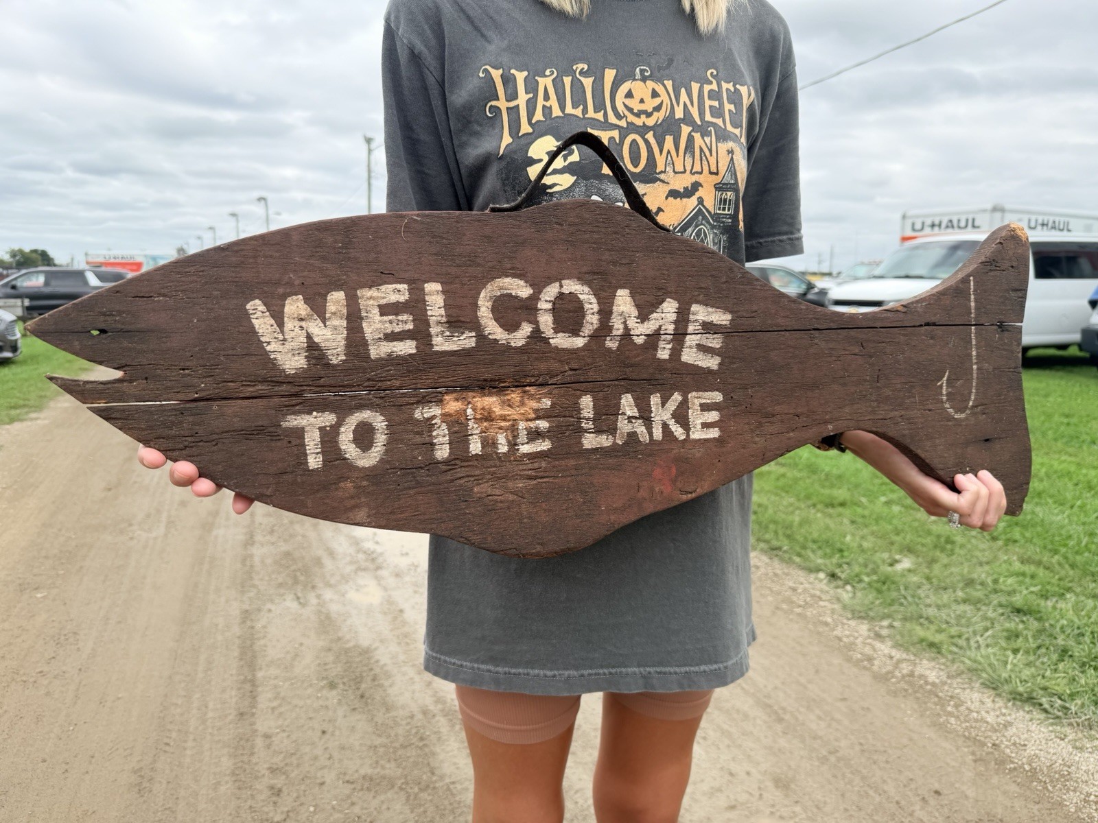 Antique Lake house Fishing Tackle Lure Wood Sign Leather Handle Vintage Original