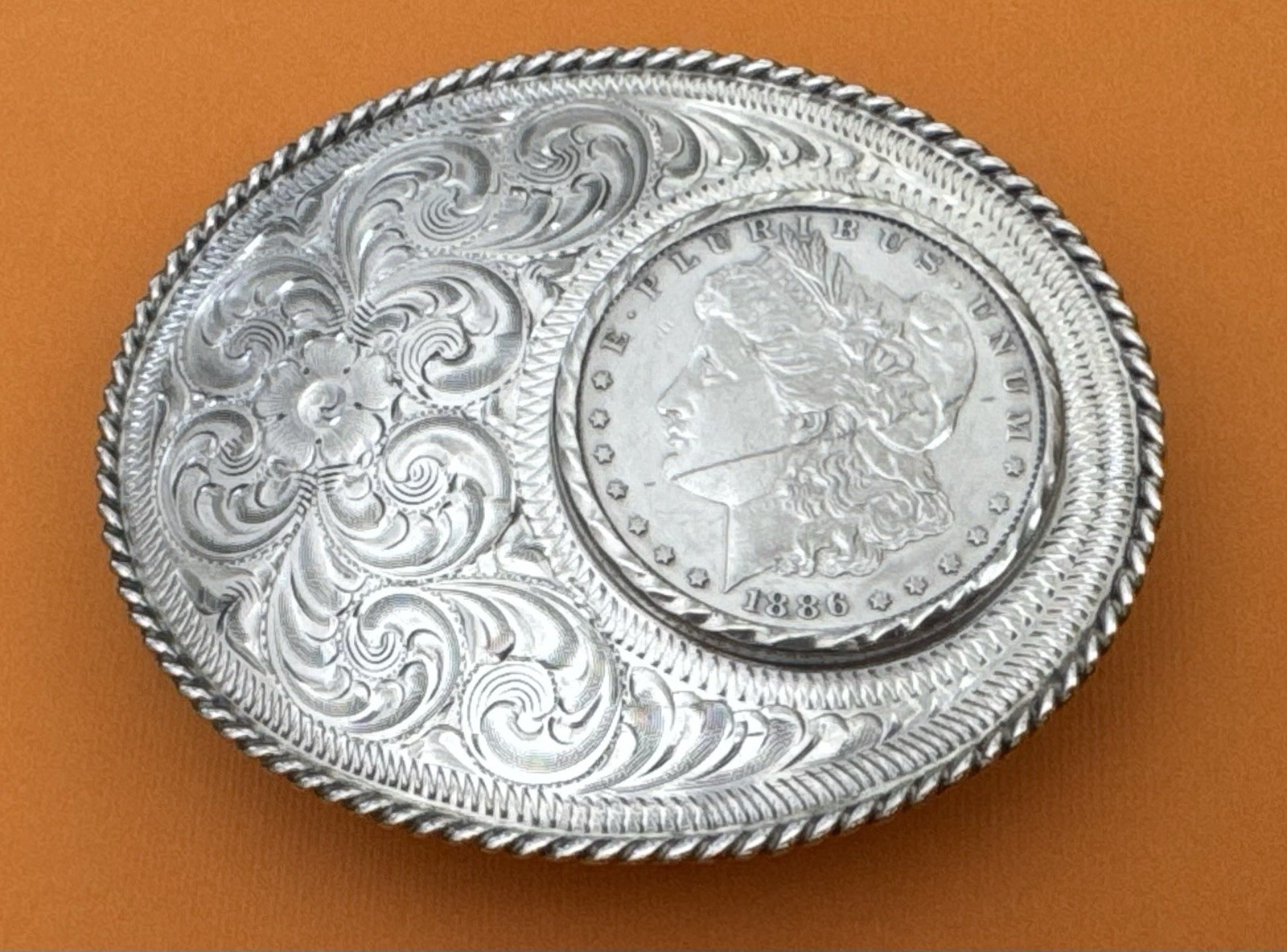 VTG Signed SSS Engraved Sterling on Nickel 1886 Morgan Silver Dollar Belt Buckle