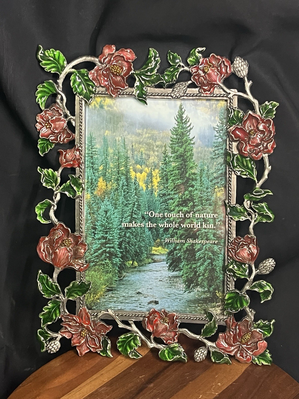 Vintage 90s 3D Red Floral Photo Frame Shakespeare Nature Quote Tabletop Pewter