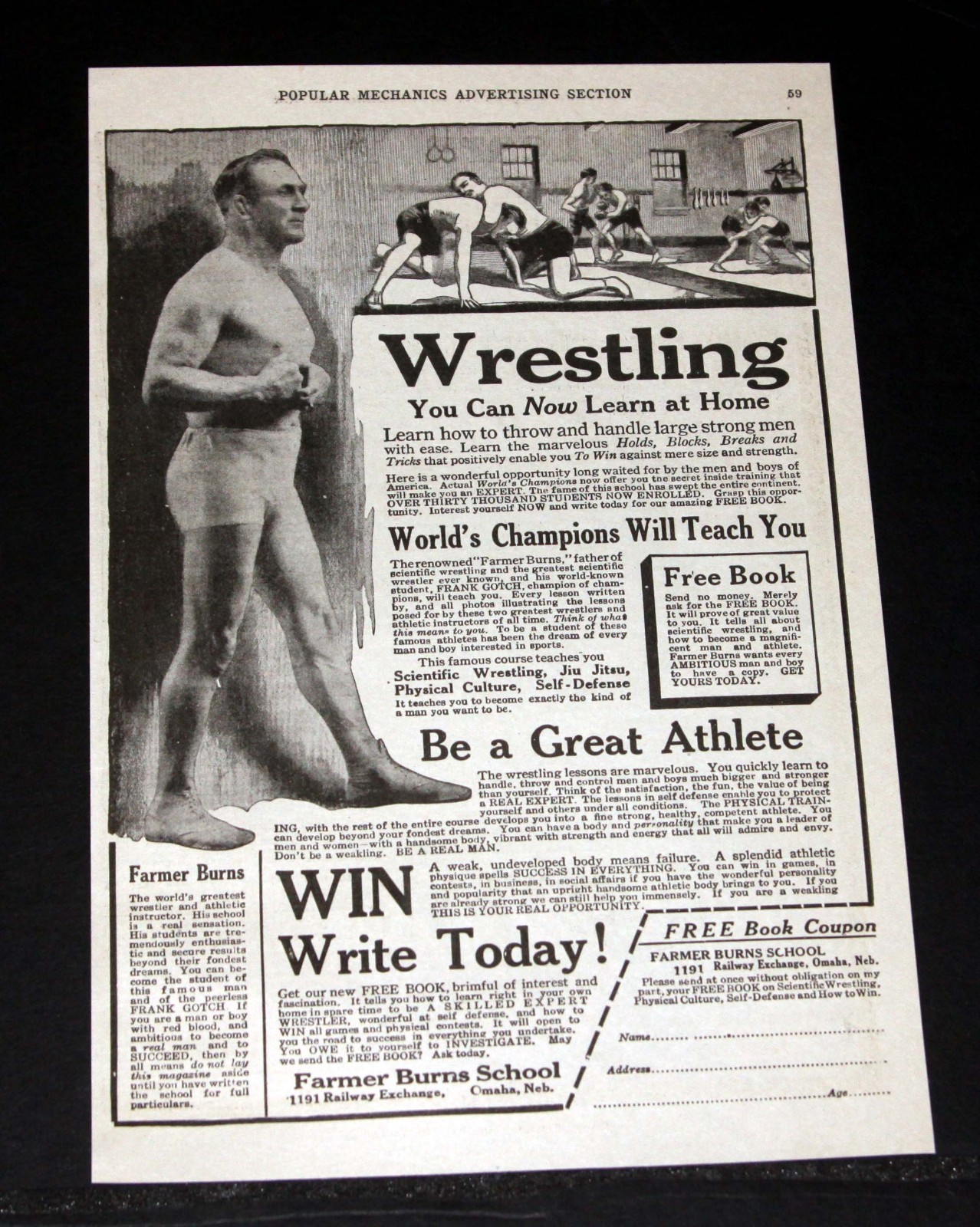 1920 OLD MAGAZINE PRINT AD, FARMER BURNS SCHOOL OF WRESTLING, LEARN NOW AT HOME