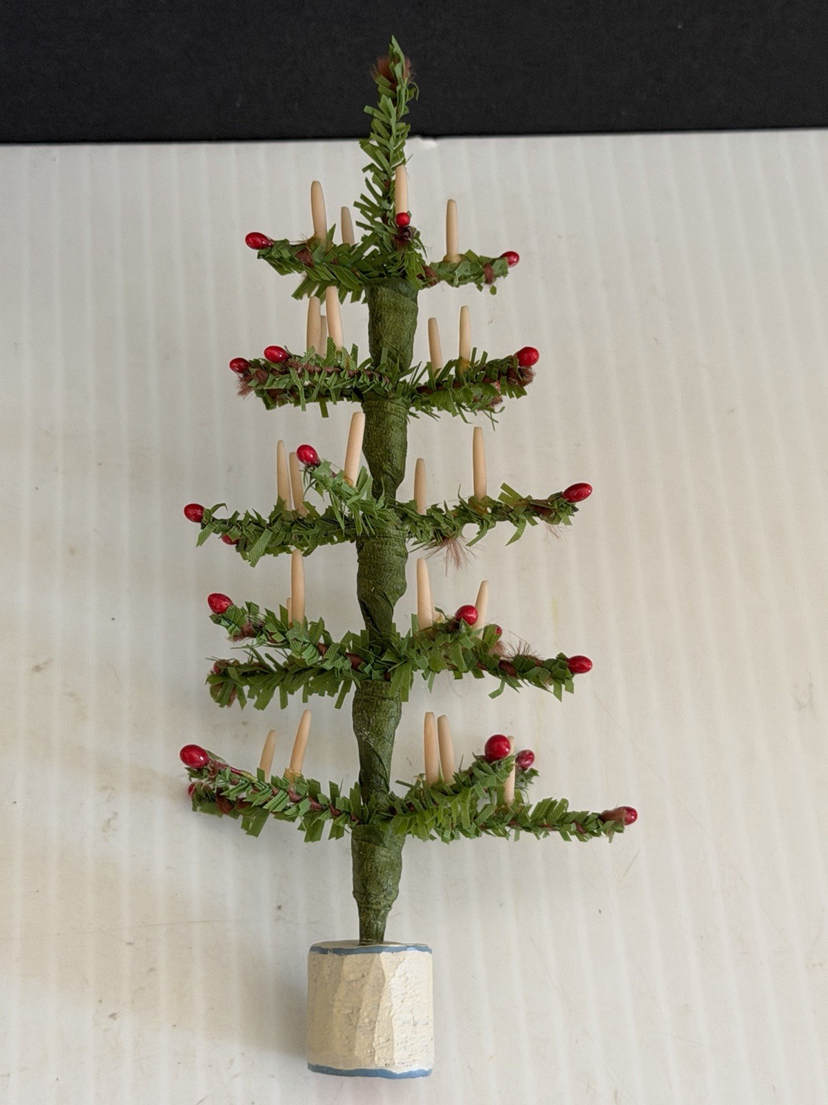 Vtg Style Small Feather Christmas Tree Table Top Green Non Burning Candles