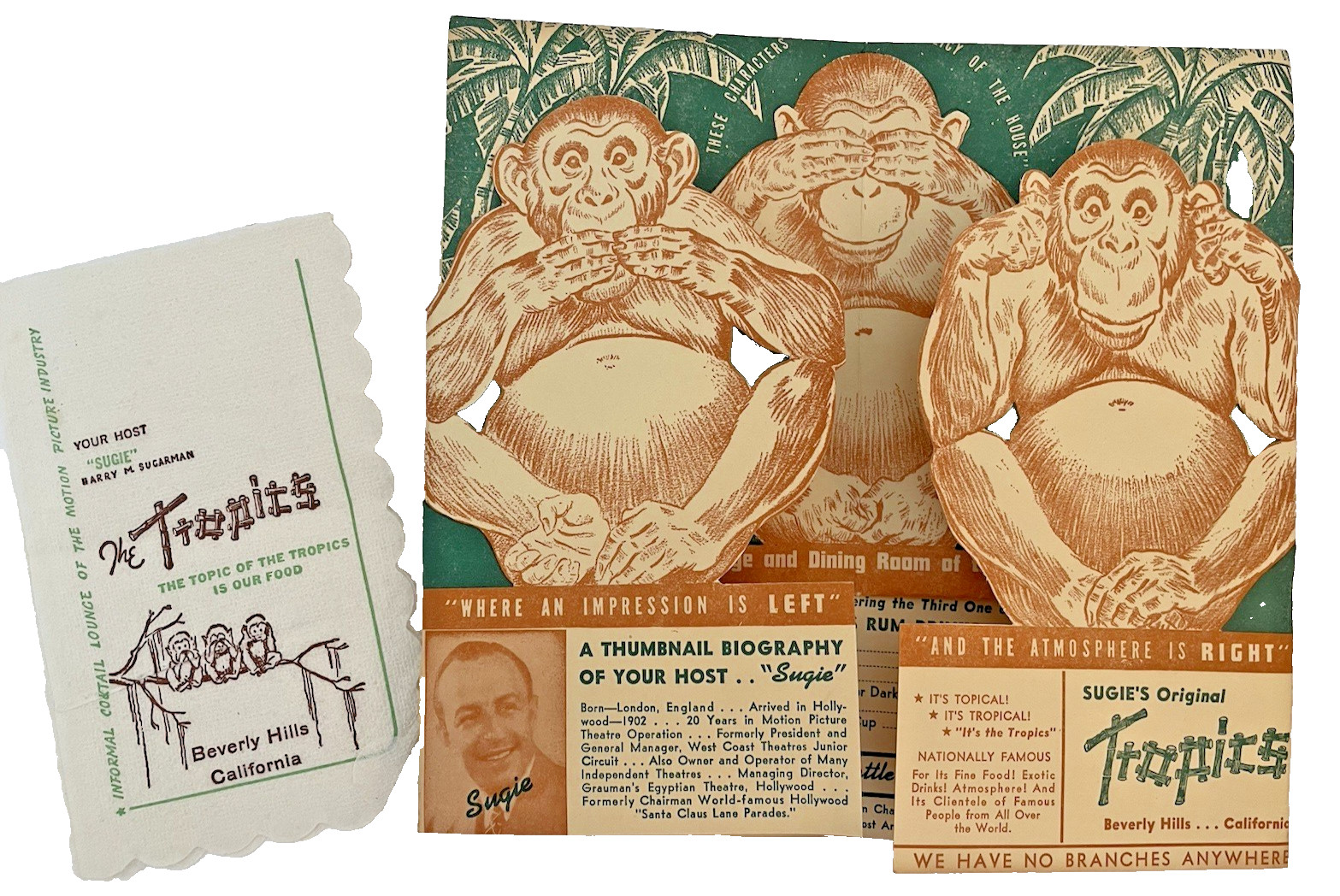 SUGIE’S Original TROPICS Cocktail Lounge MENU Tiki & Napkin Beverly Hills 1940s