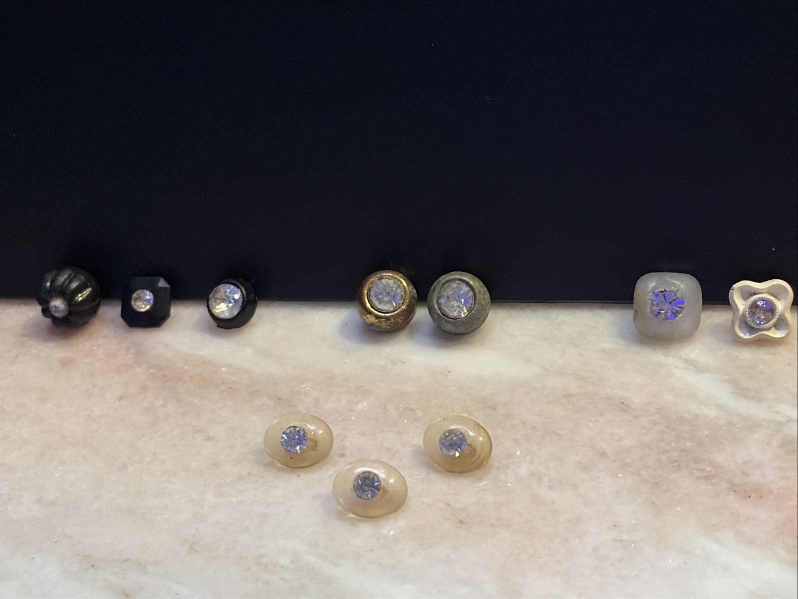 10 Vintage Rhinestone Button Lot Lucite Carved Black Oval Flower Novelty Craft