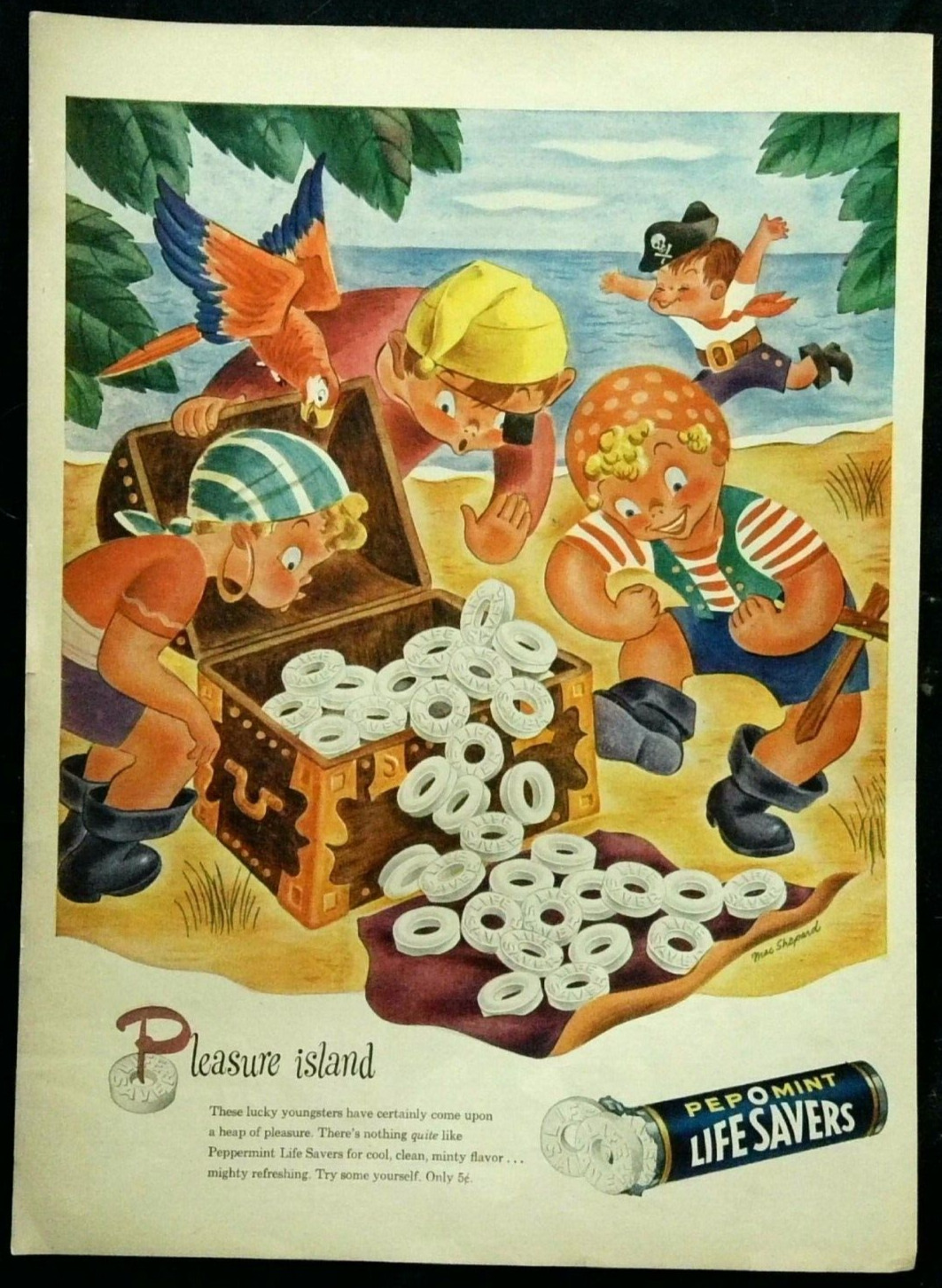 Vintage Art Print Ad LIFE SAVERS 1945 Pleasure Island boy pirates Mac Shepard