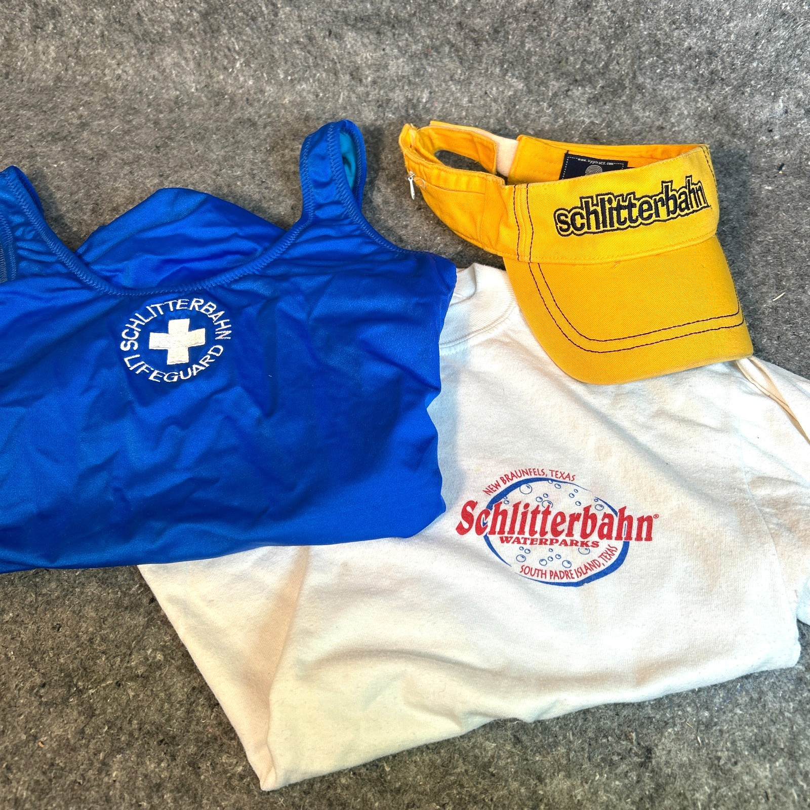 Vintage 1990s Schlitterbahn Lifeguard Employee Uniform Lot Shirt Visor Swim Gear