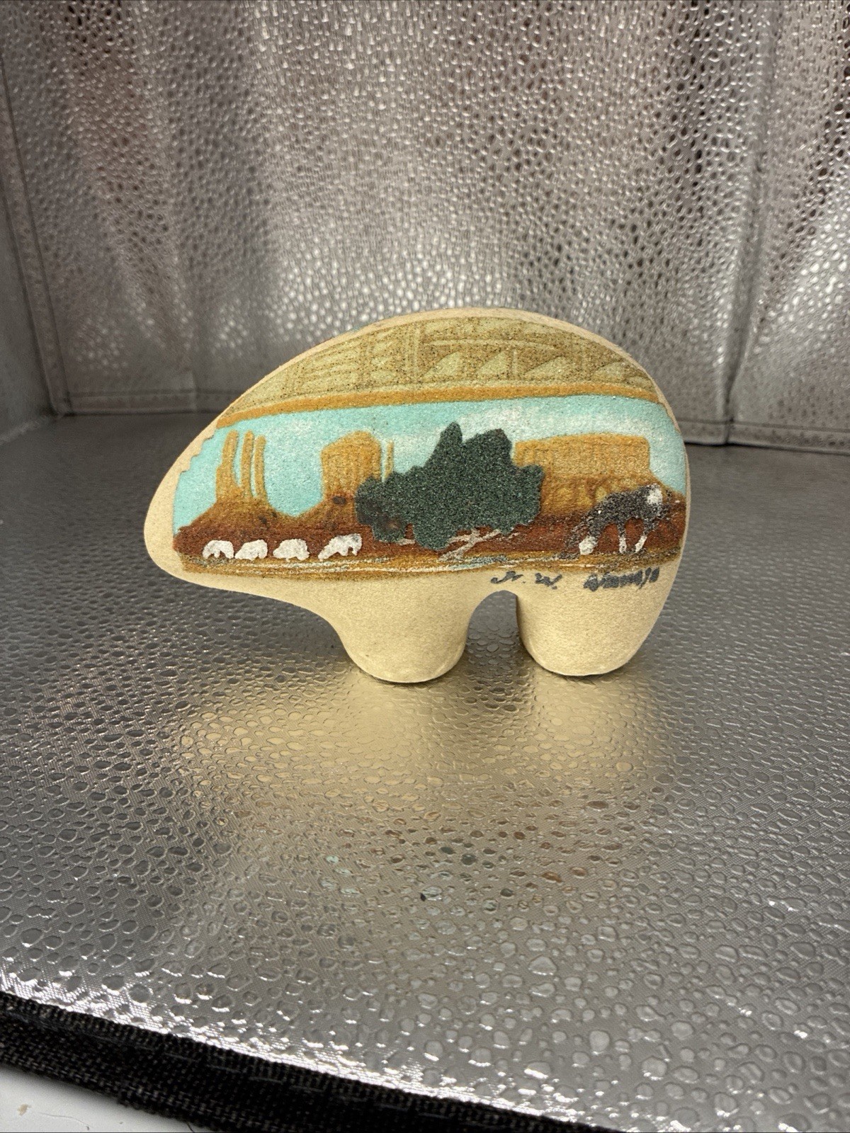 John whiterock   Signed Navajo Bear Sand Art  With Native American Southwestern