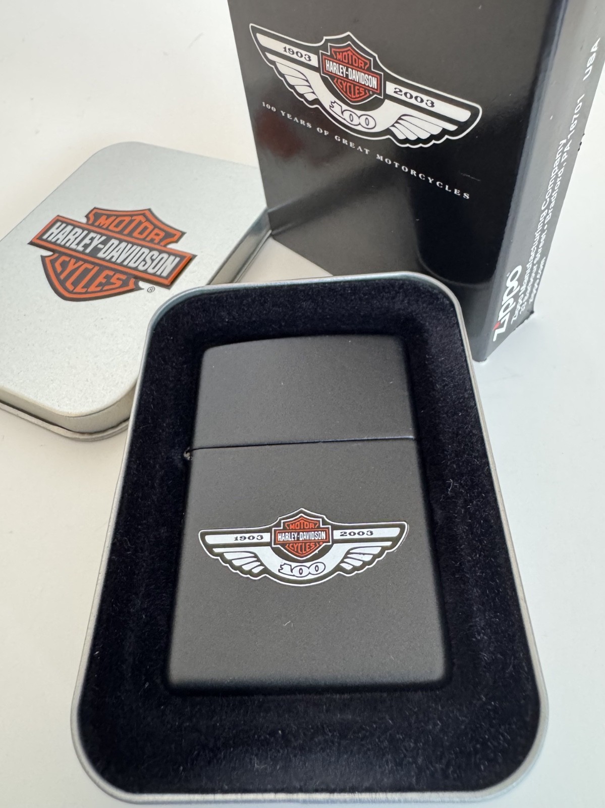 VTG Harley Davidson 100th Anniversary Zippo Lighter Matte Black 97961-03V NOS 02