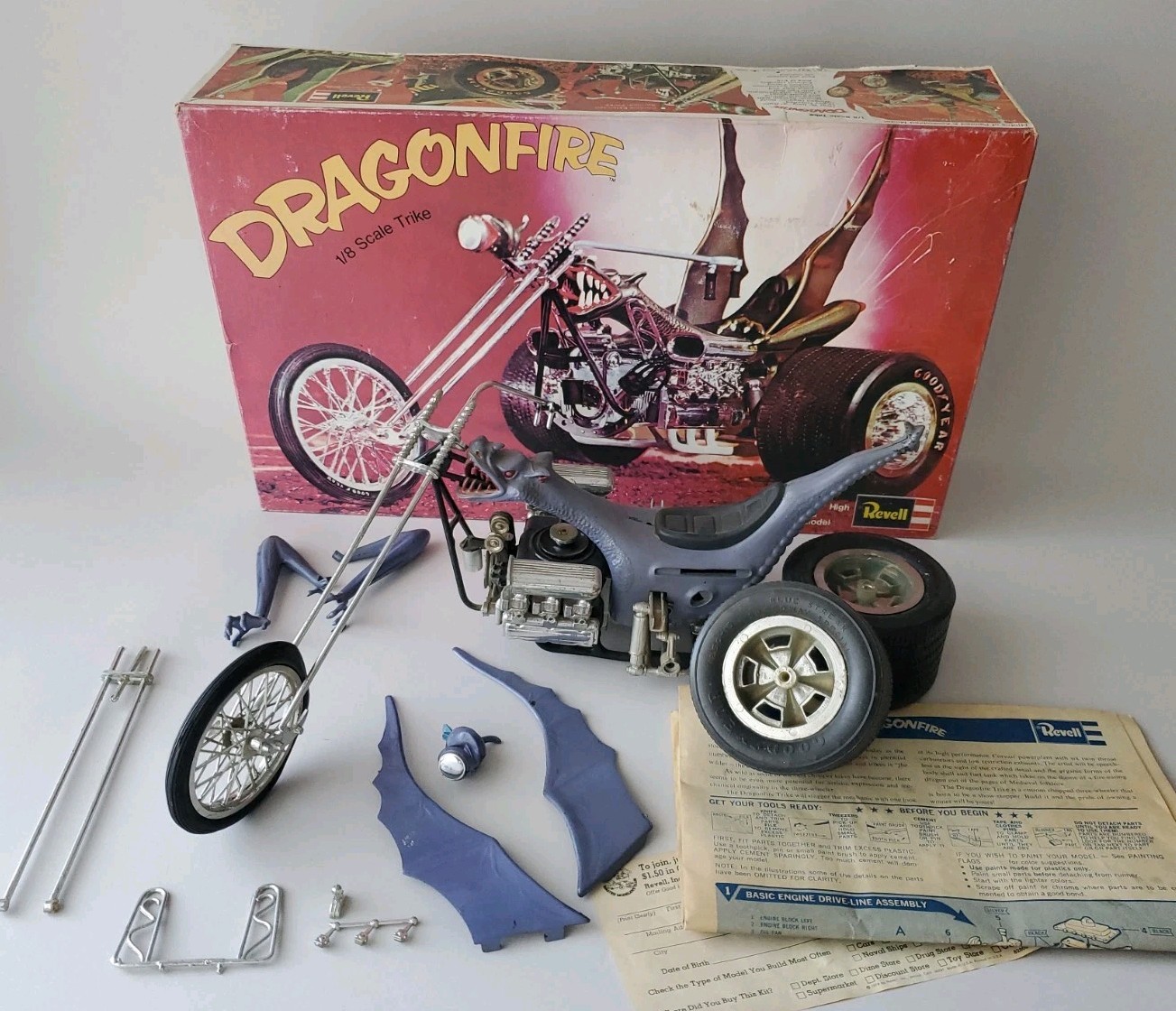 DRAGONFIRE 1976 REVELL 1/8 CHOPPER DRAGON TRIKE CHEVY CORVAIR POWERED 3 WHEELER