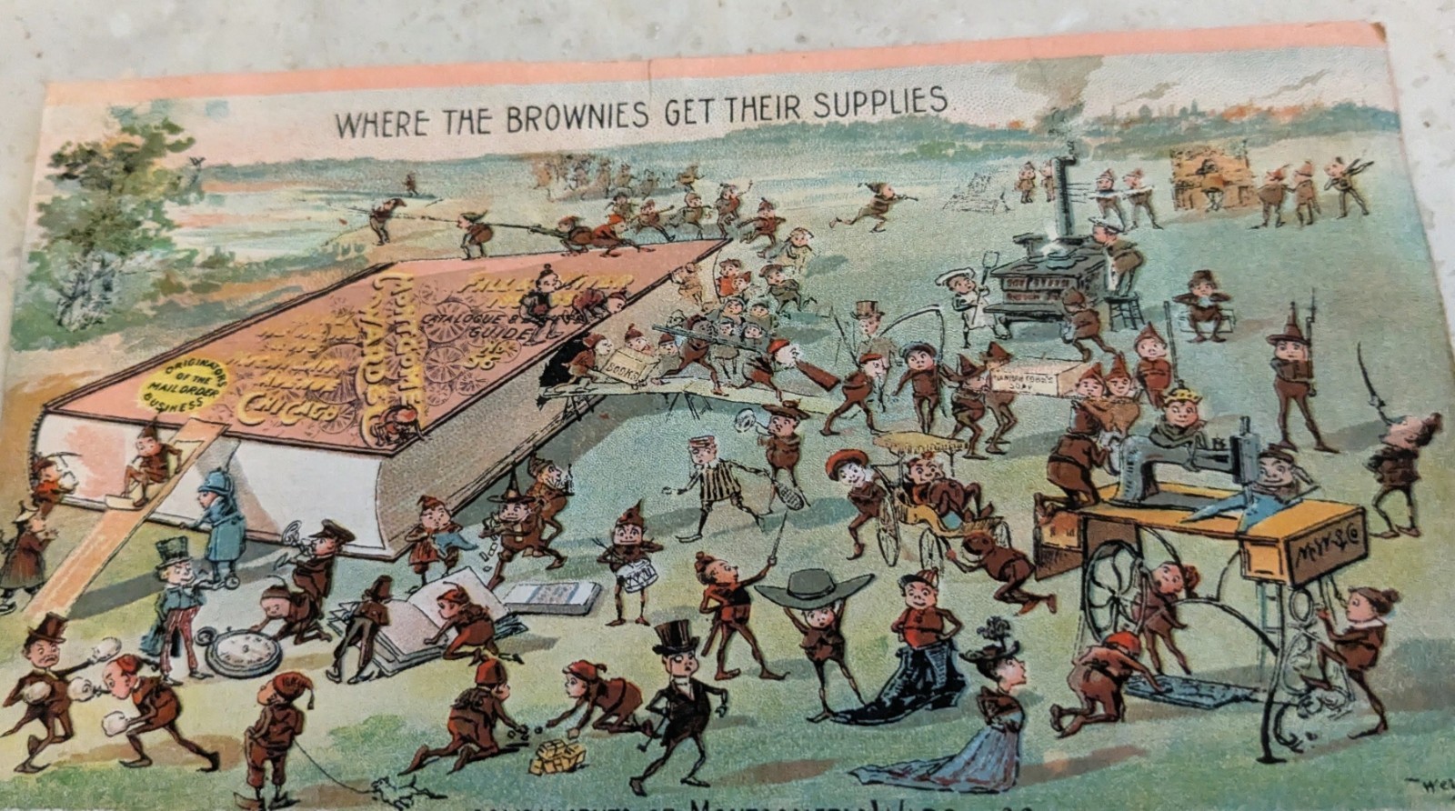 VTG TRADE CARD BROWNIES GETTING THEIR SUPPLIES AT MONTGOMERY WARD CO. CHICAGO