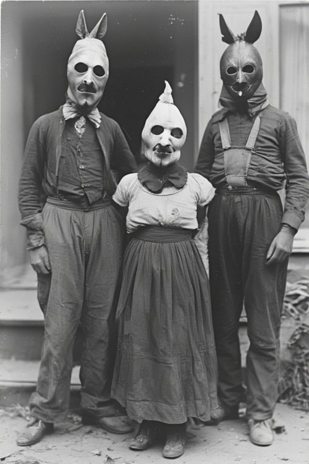 Vintage Masked Family Portrait Creepy Halloween Folk Horror Photo 4x6