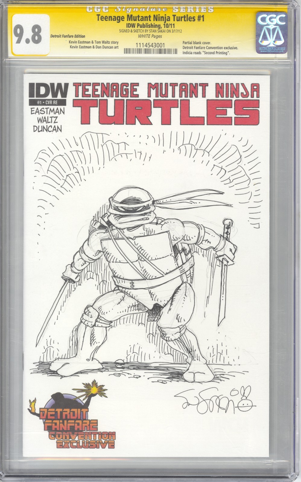IDW TMNT #1 2011 - Detroit Fanfare Sketch Cover - Sketch by Stan Sakai - CGC 9.8
