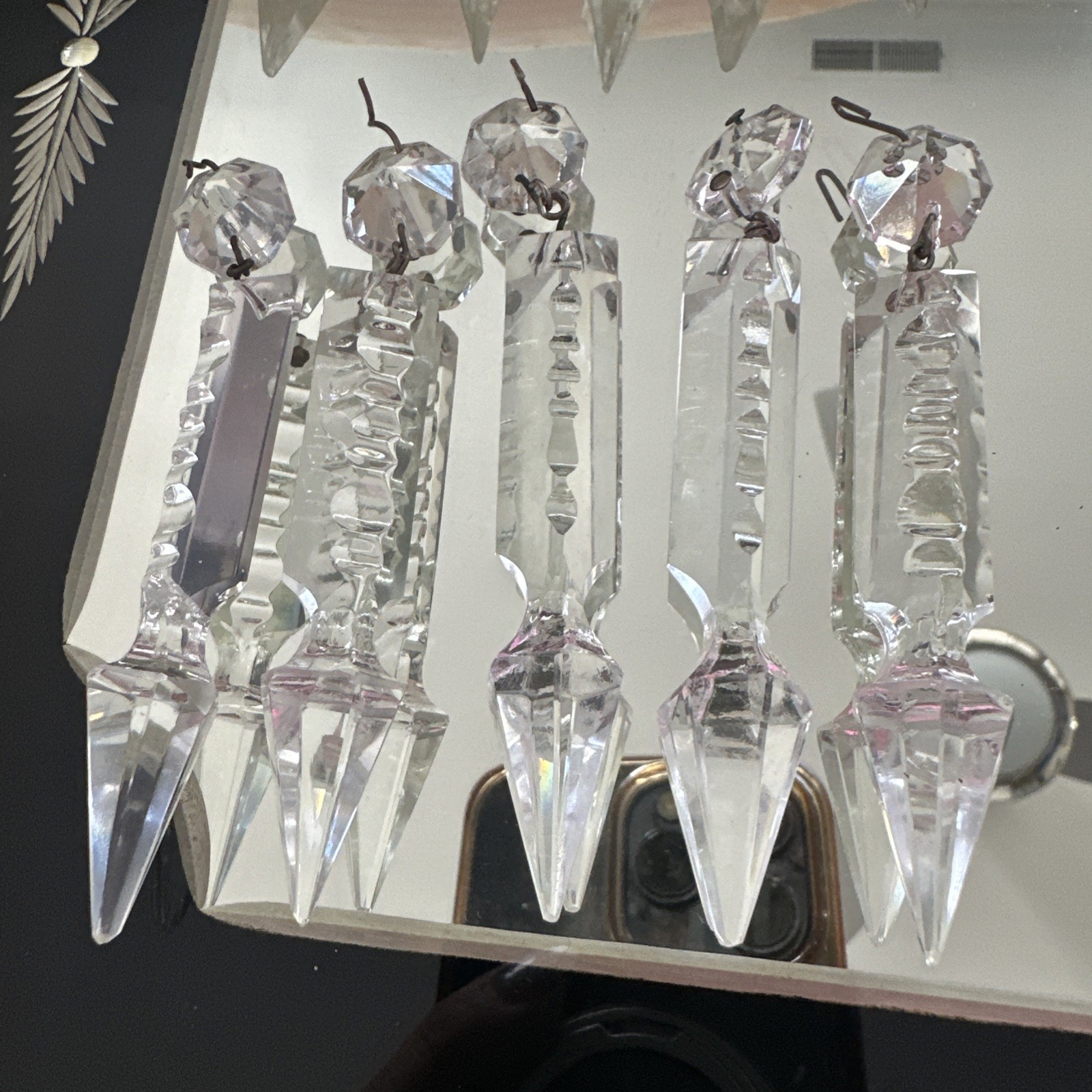 5 Antique Notched Vintage Lamp Lusters 3 3/4” Crystal Spear Prisms Replacement