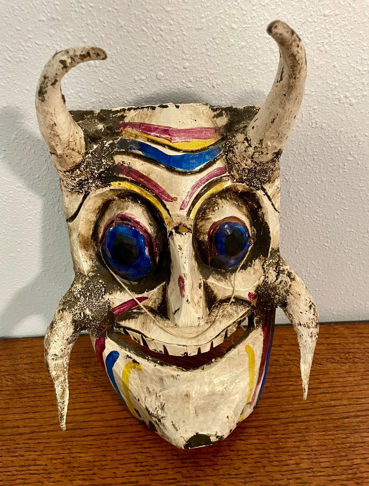 Vintage Mexican Devil Mask Hand Carved Wood Horns Diablos Dance Folk Art