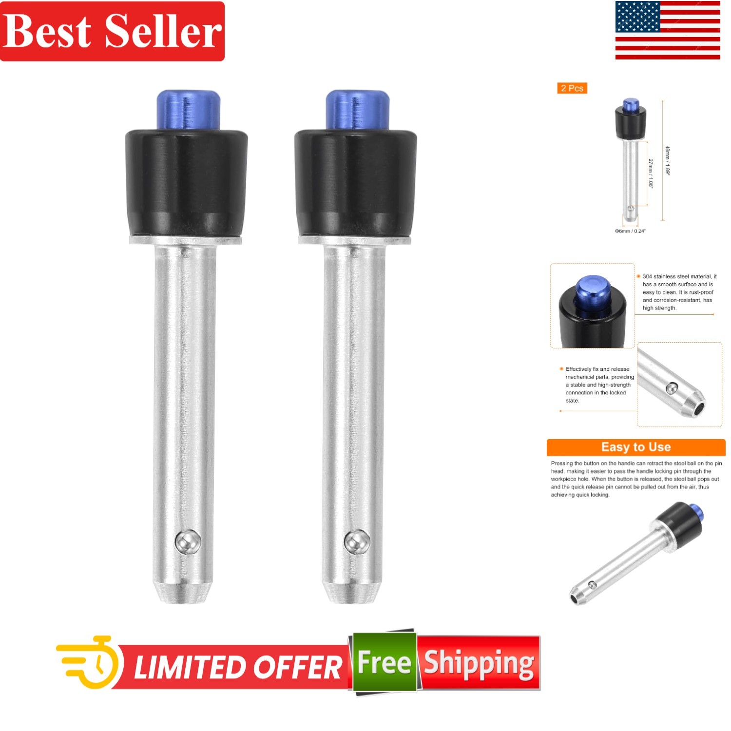 2 Pcs Quick Release Pins 1/4 x 1.06 Inch Stainless Steel Ball Locking Pins fo...