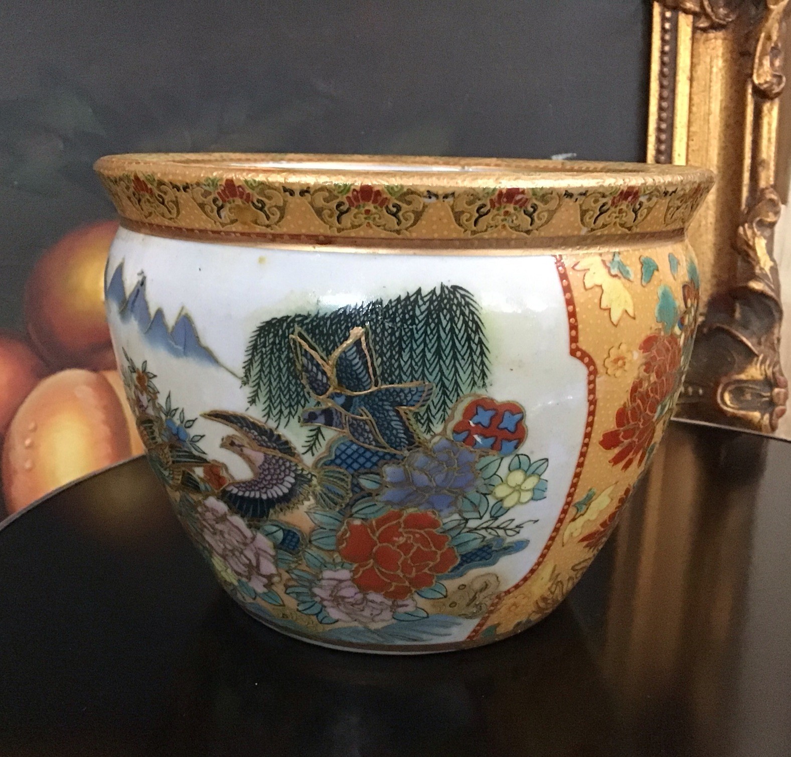 Vintage Satsuma Ceramic Hand Decorated Floral Birds Flower Pot Planter 4.5” Tall