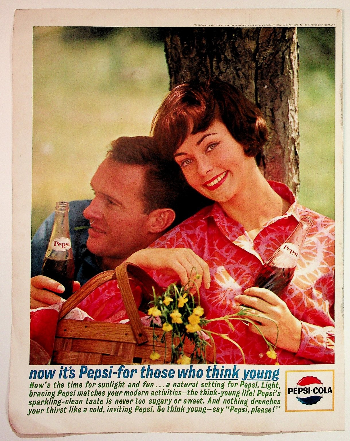 1957 Pepsi-Cola Think Young Vintage Magazine Ad - Picnic Couple Ephemera
