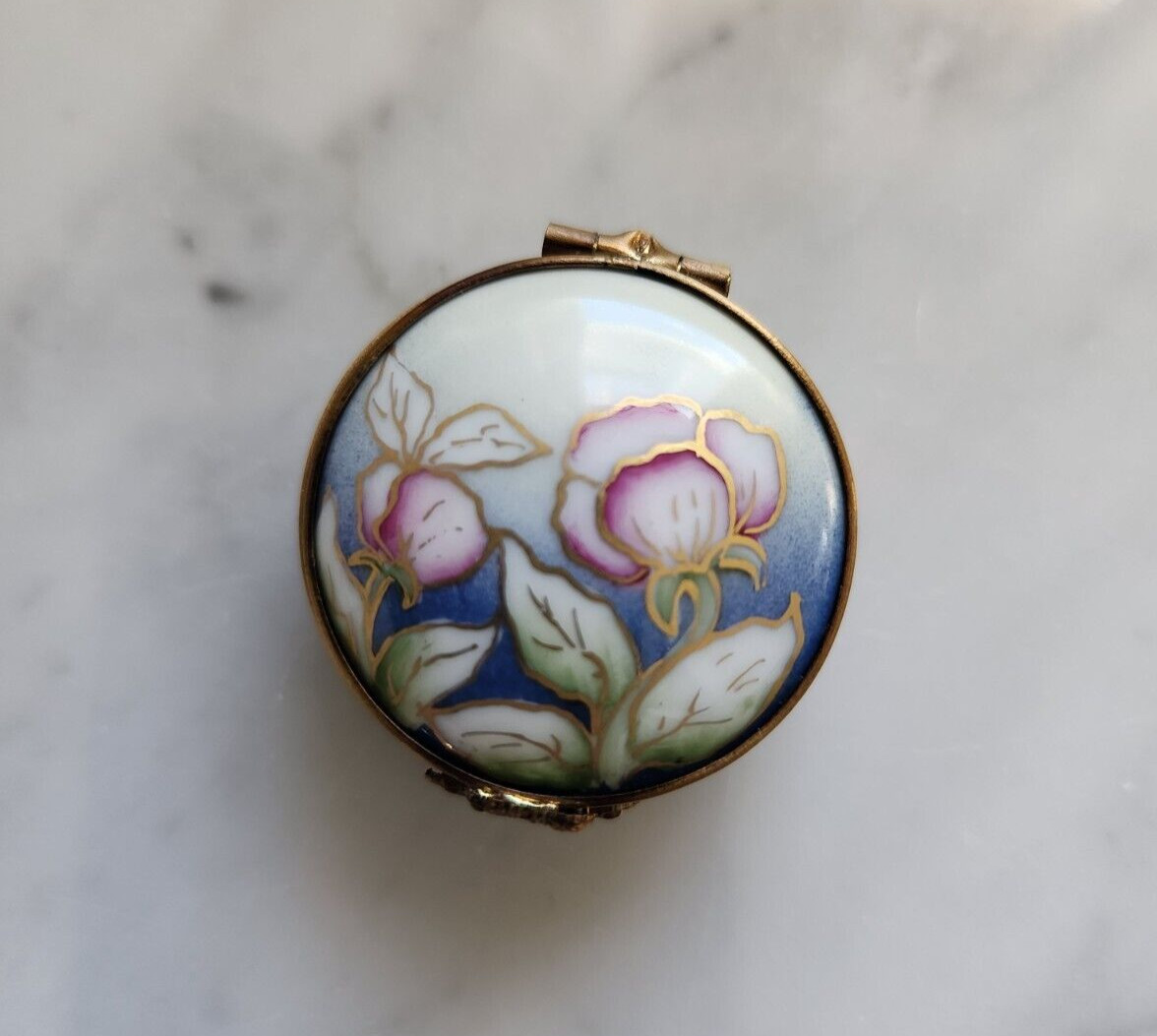 Authentic GR Limoges Trinket Box Pink & Blue Floral Round France