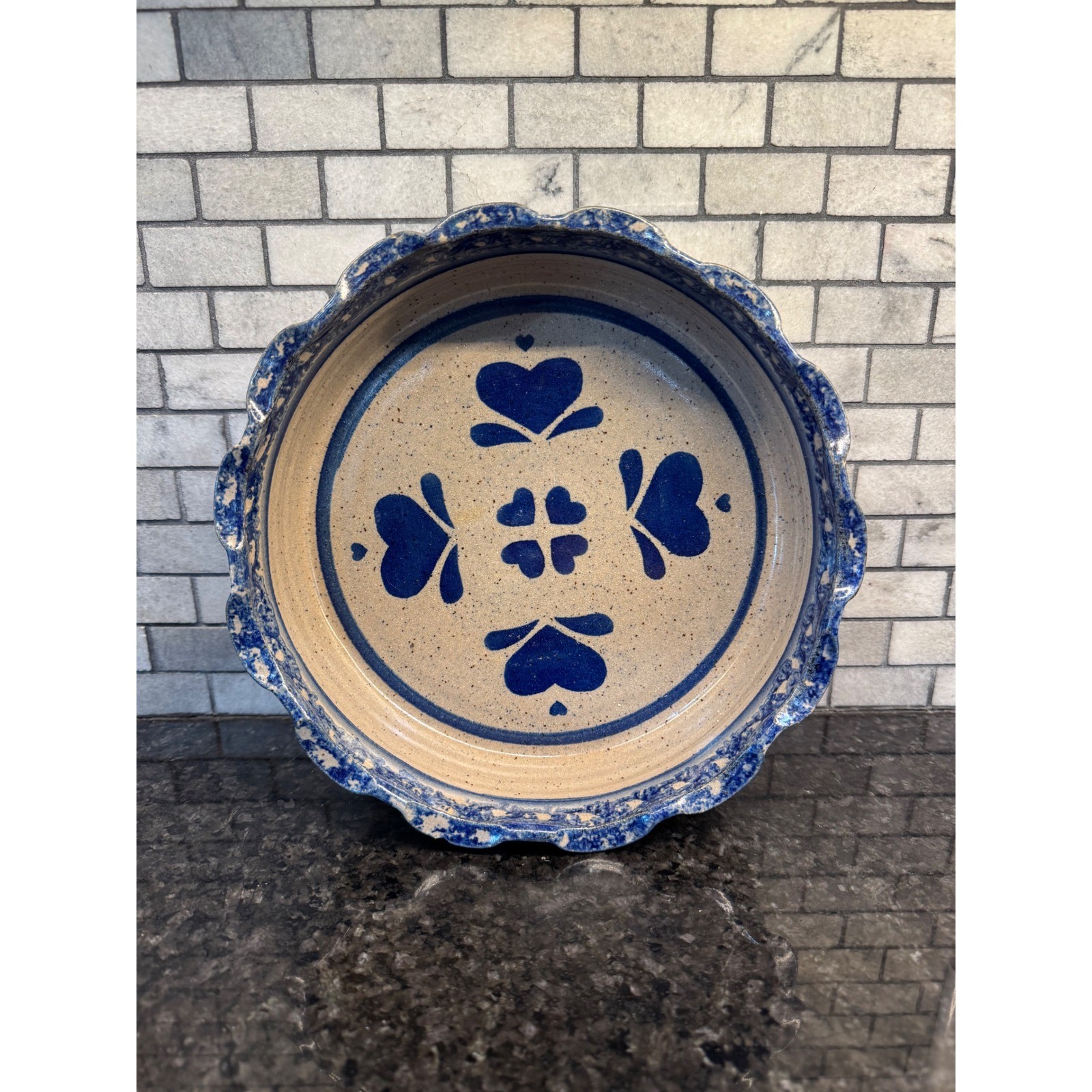 Vintage 1994 Pearl Signed Blue Heart Stoneware Scalloped Pie Dish Folk Art 9.5\