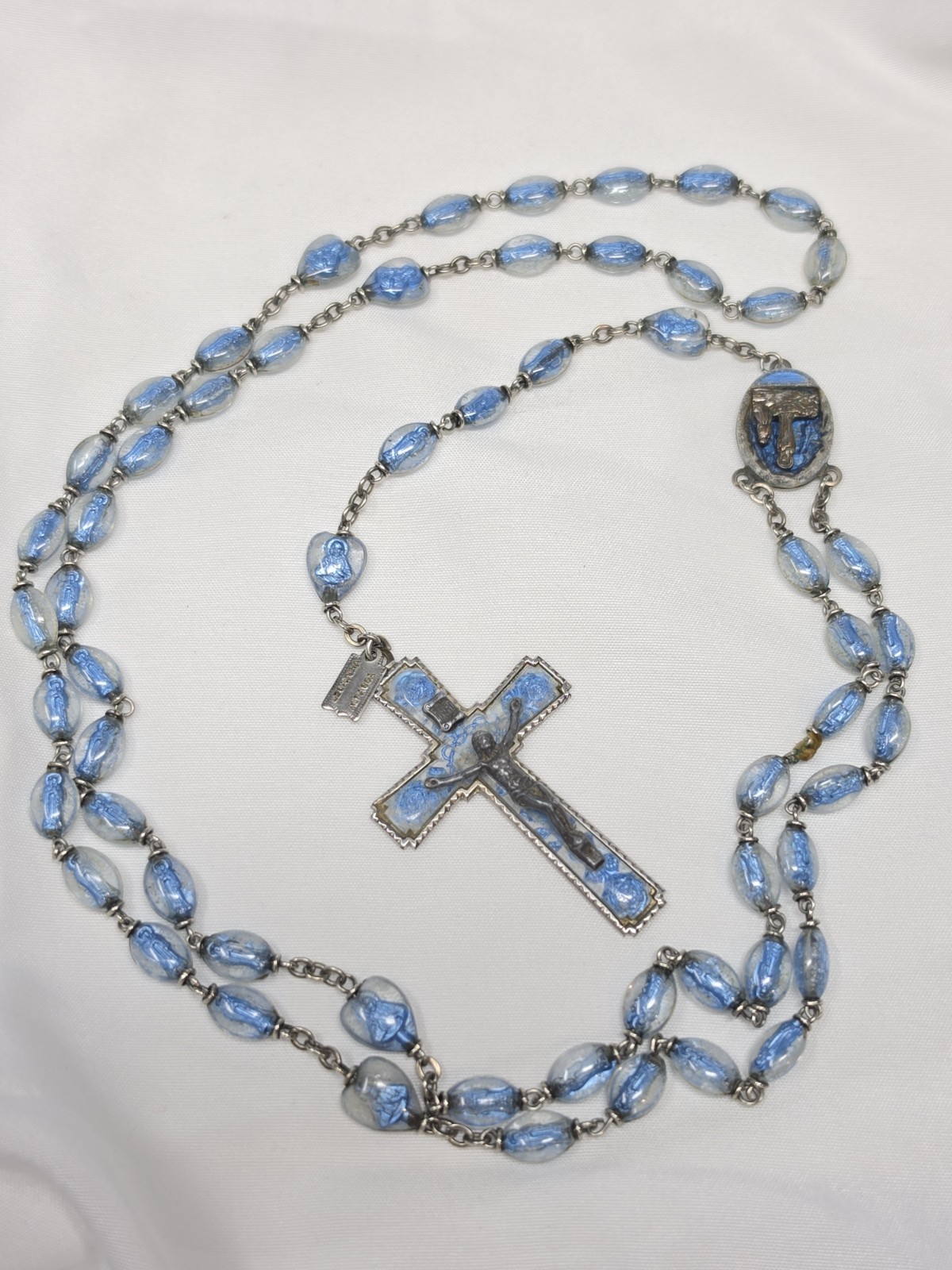 Vintage 1958 Lourdes Centennial Blue Bubble Bead Rosary Alpaca Metal Tin Tag