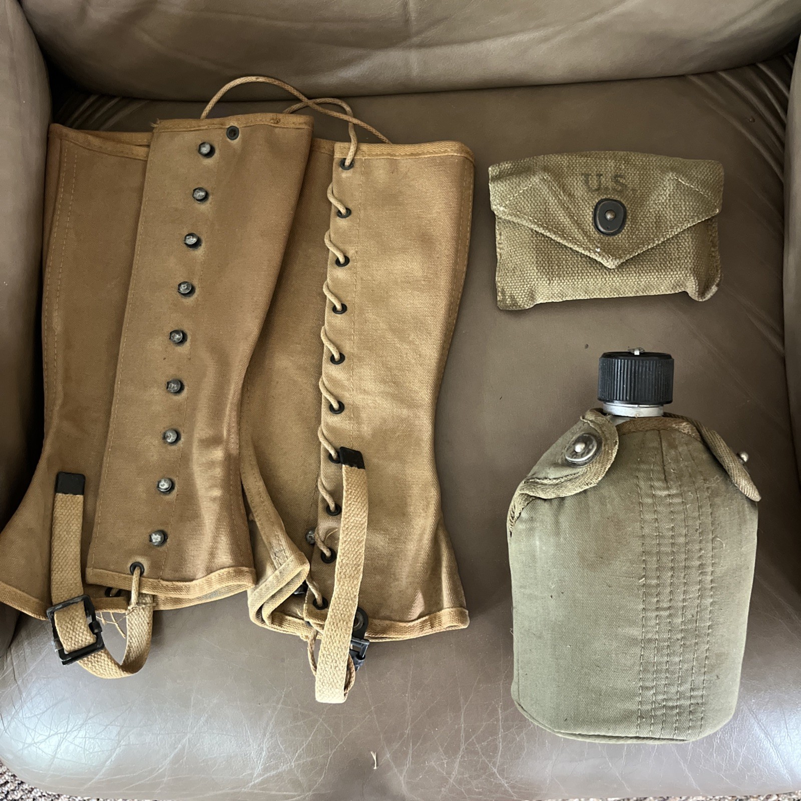 ORIGINAL WWII US ARMY INFANTRY LEGGINGS , FIRST AID POUCH, CANTEEN  LOT
