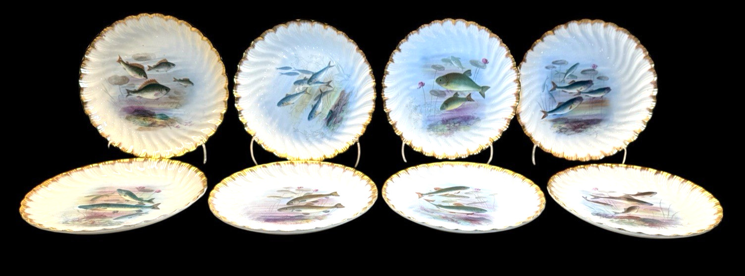 Antique Royal Bonn Fish Plates Set of 8 Hand Painted Gold Rim Franz Anton Mehlem