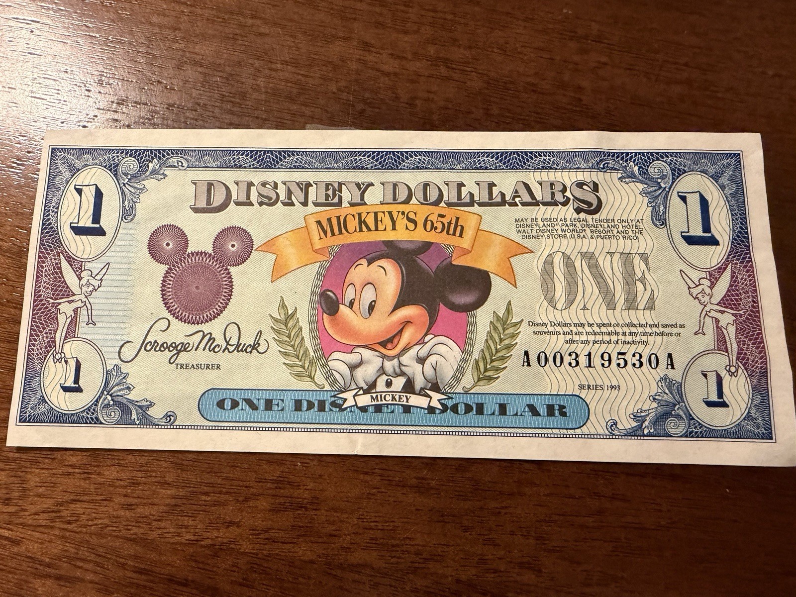 Uncirculated Disney Dollars Mickey\'s 65th $1 OneDollar Denomination 1993 Vintage