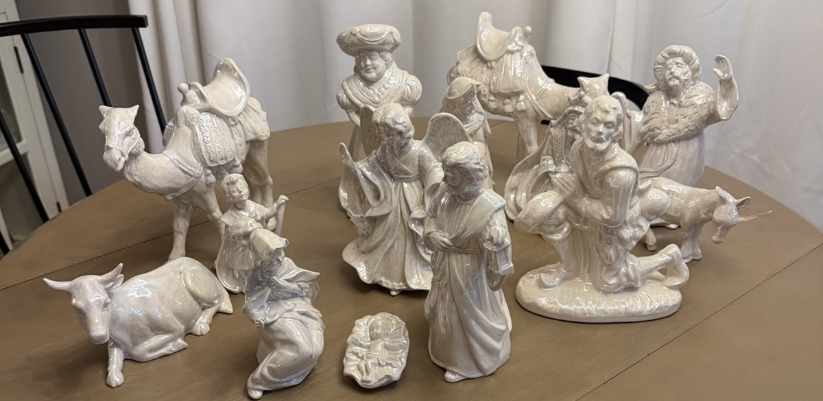 Vintage 14 Piece Iridescent Solid Large Figure Nativity Christmas Set