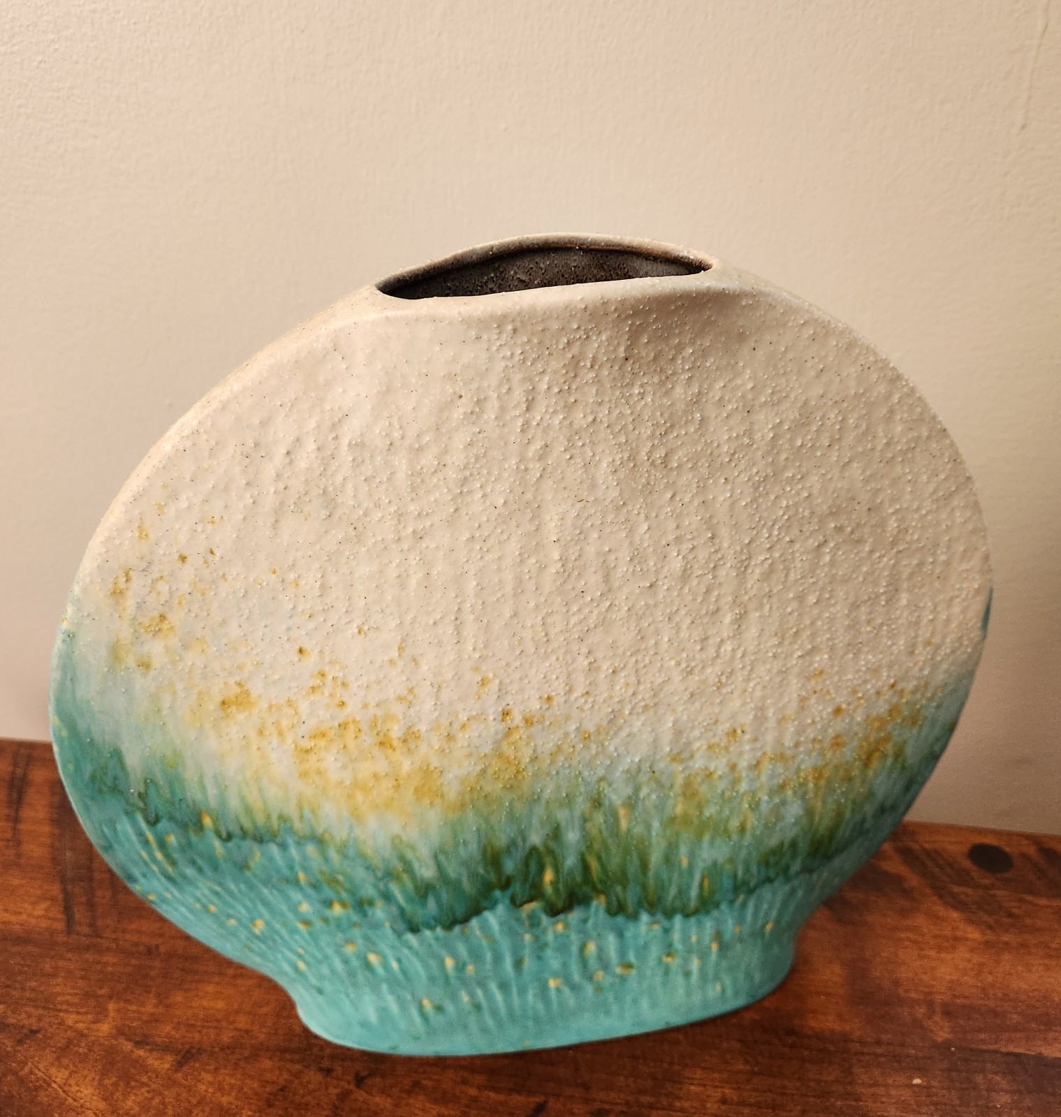 Vintage Keramos Austria Vase 1 ft TALL MCM Fat Lava Like Glaze Flat Round Design