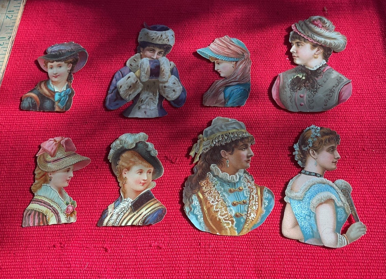 ANTIQUE VICTORIAN DIE CUT EMBOSSED PAPER LADIES SET OF 8