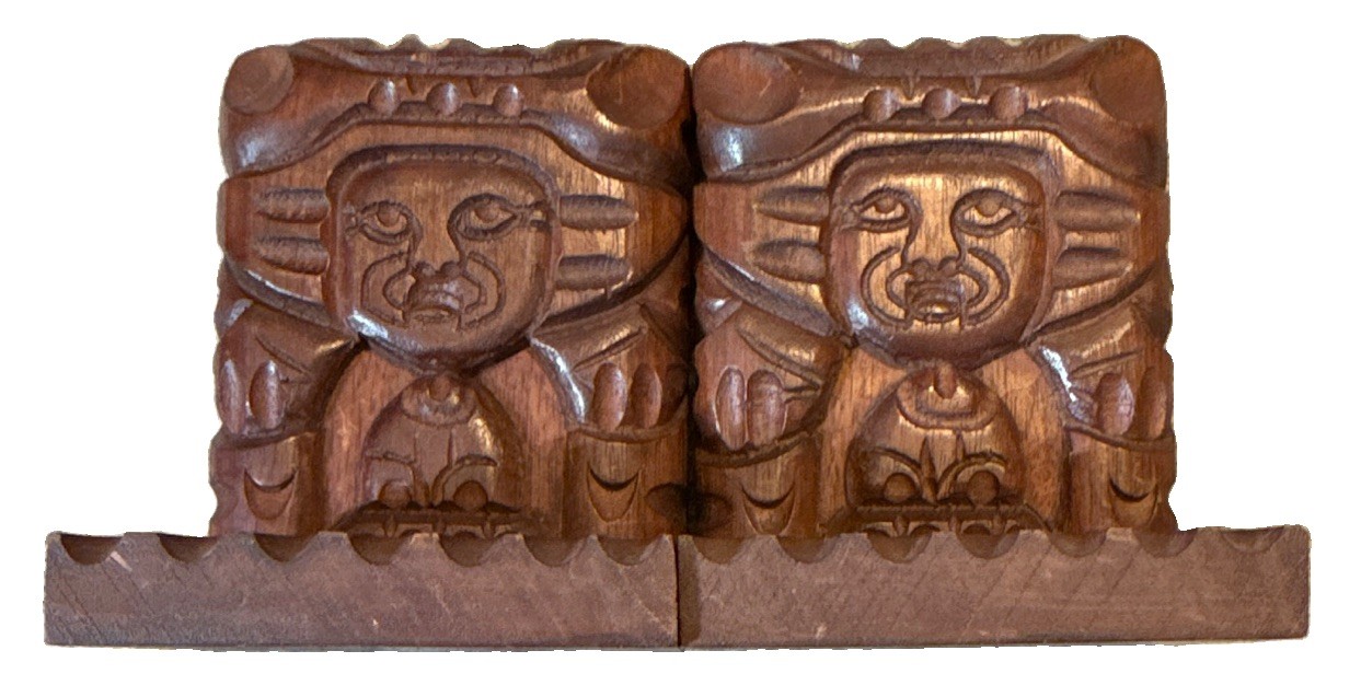 Vintage MCM Hand Carved Mahogany Aztec Mayan Tiki Face Bookends Heavy Mexico Art