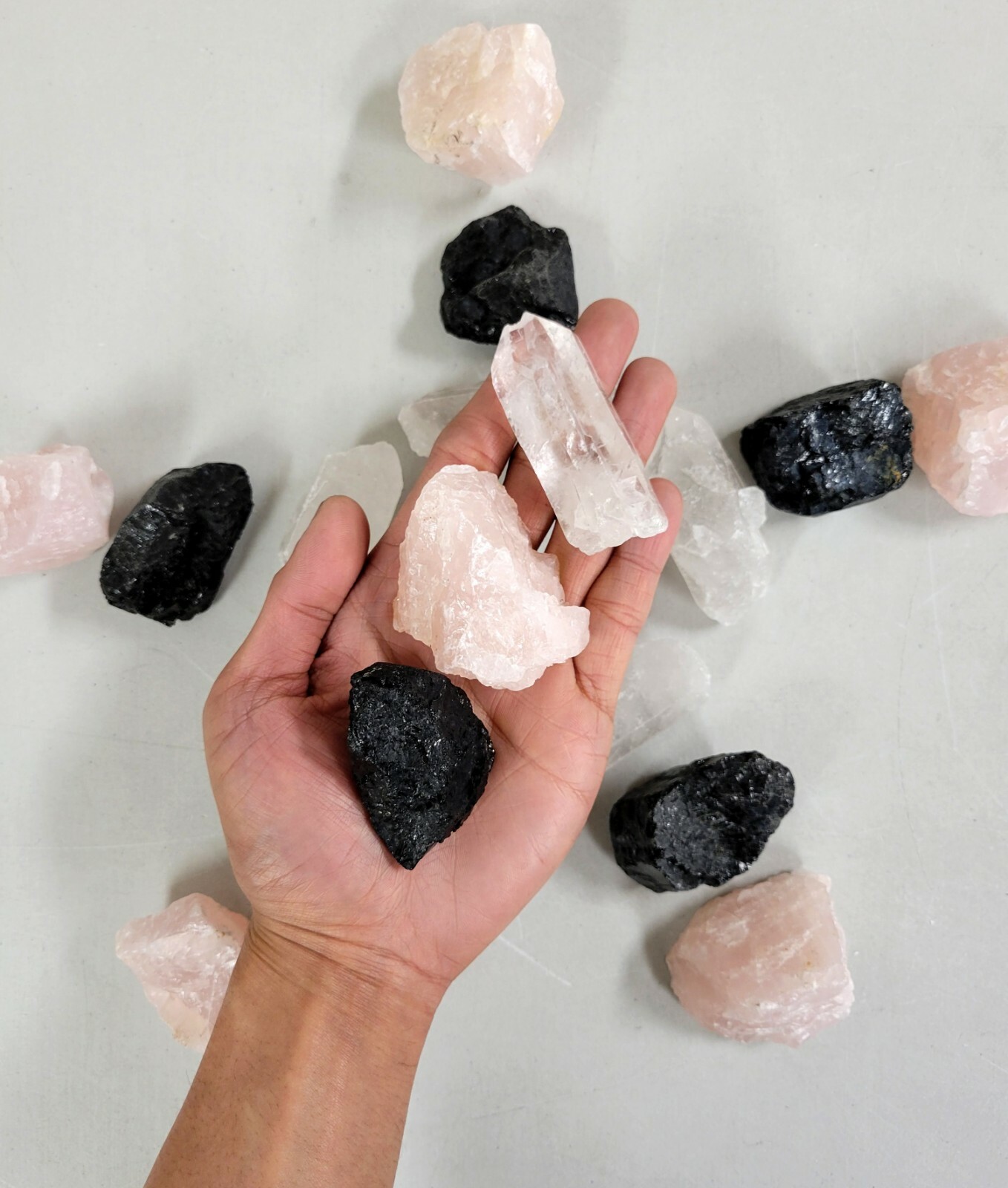 Black Tourmaline, Rose Quartz, Quartz Crystal Point - Healing Crystals Set