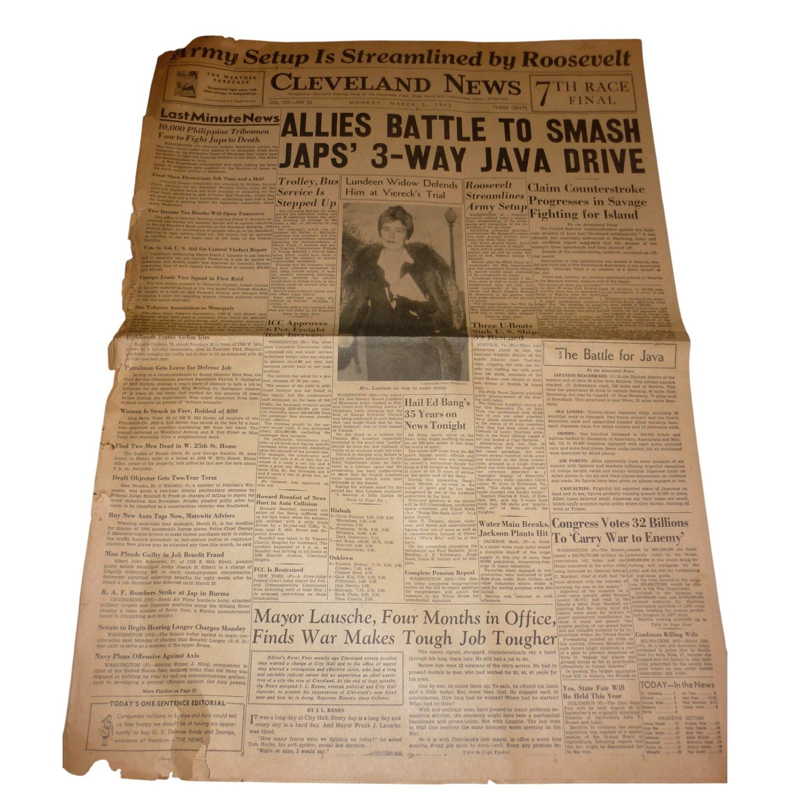 Vintage 1942 Cleveland News Newspaper WWII Battle of Java Philippine Moros FDR