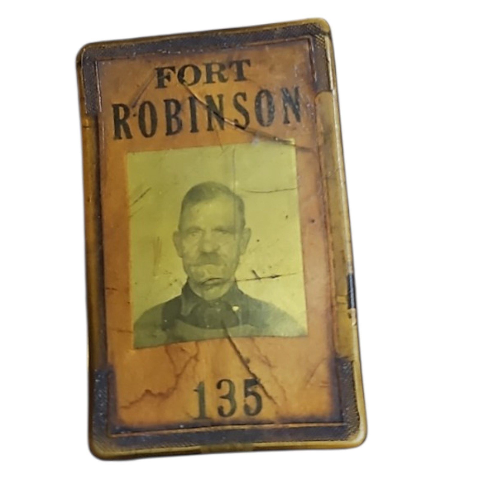 Antique Fort Robinson Employee ID Badge 135 Celluloid Pin Back Vintage Americana