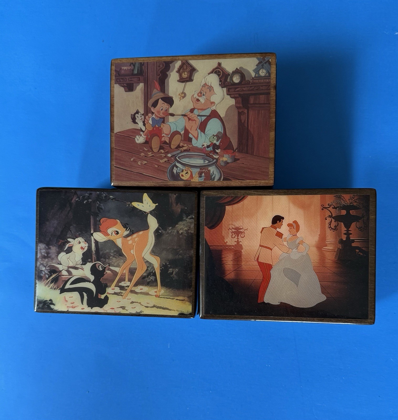 3 Disney Wood Music Jewelry Boxes Reuge Swiss: Pinocchio, Bambi, Sleeping Beauty