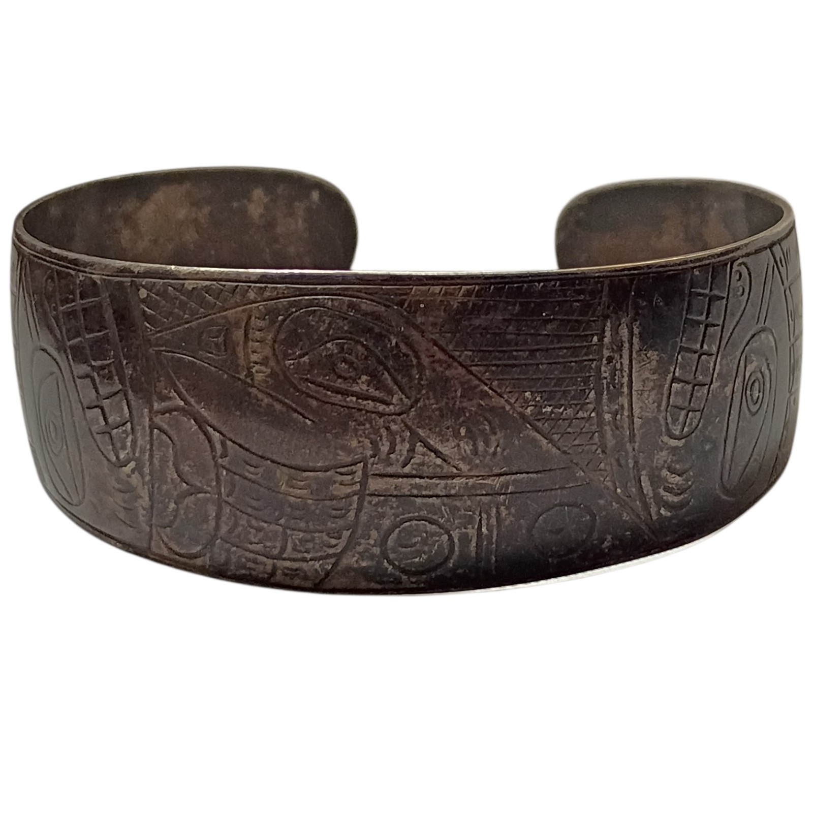 Rare Museum Quality NW Coast Native Artist Engraved Silver Vintage Cuff Bracelet