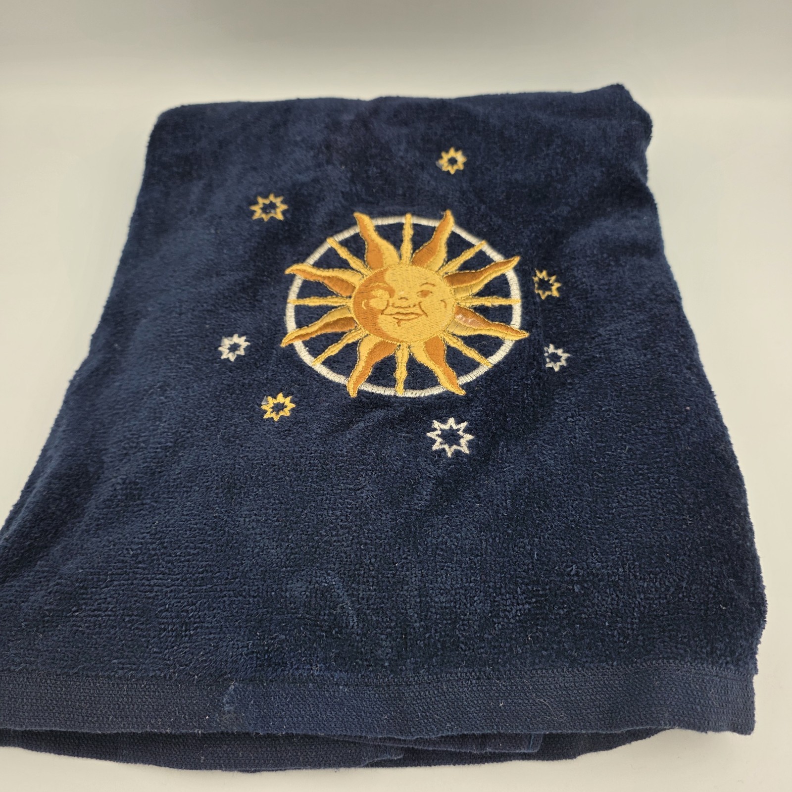 Vtg 90s Celestial Bath Towel Y2K Sun Stars Blue Saturday Knight Whimsical Magic