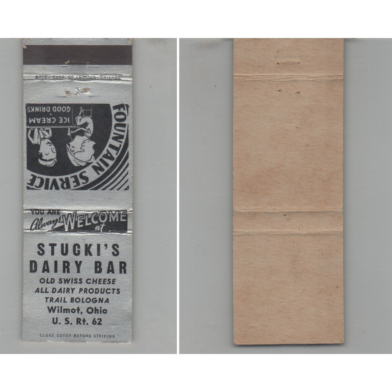 Matchbook Cover Stucki\'s Dairy Bar Wilmot OH