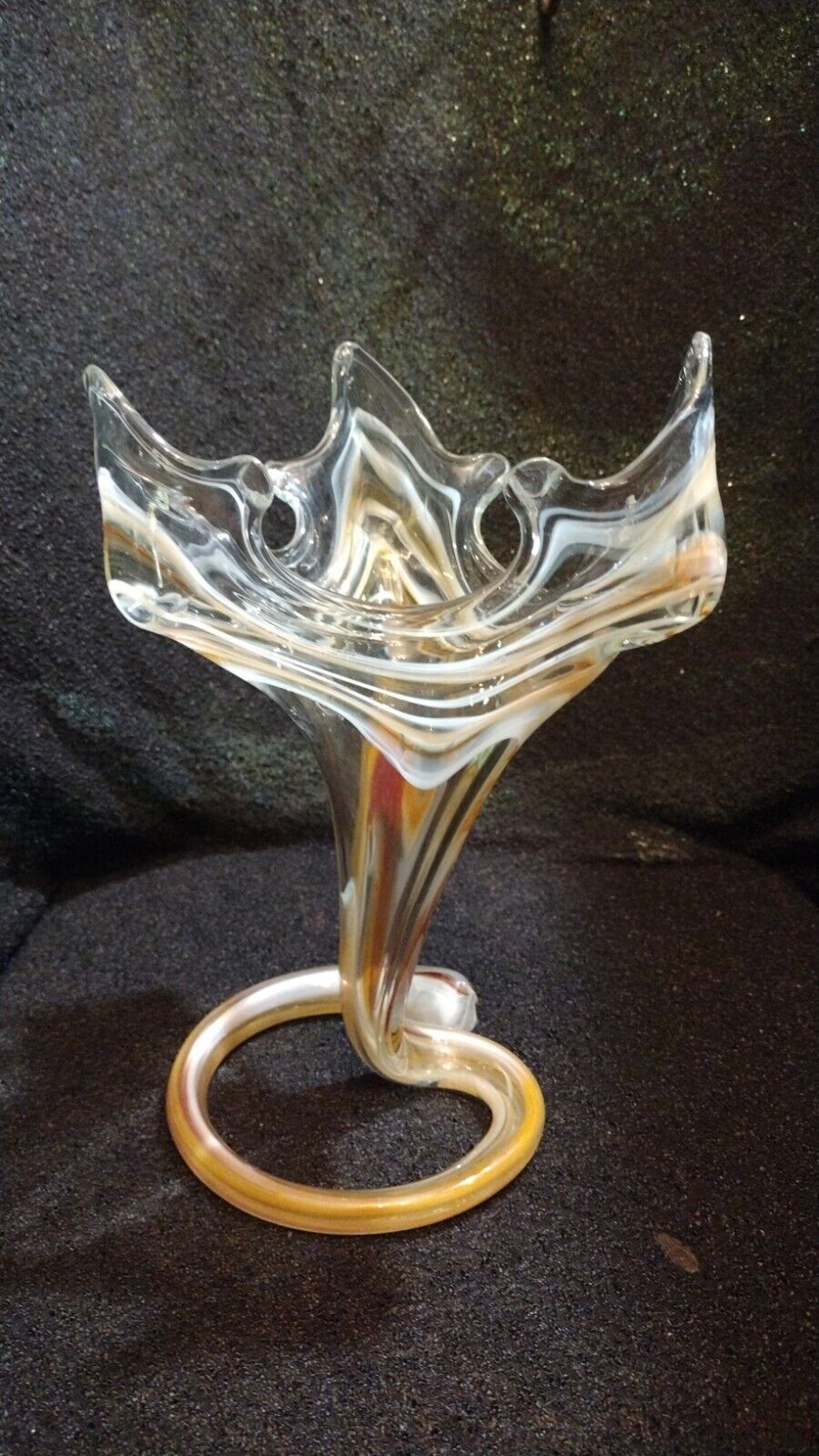 Vintage Murano Style Hand-Blown Art Glass Vase Tan Cream White Swirl Pattern 