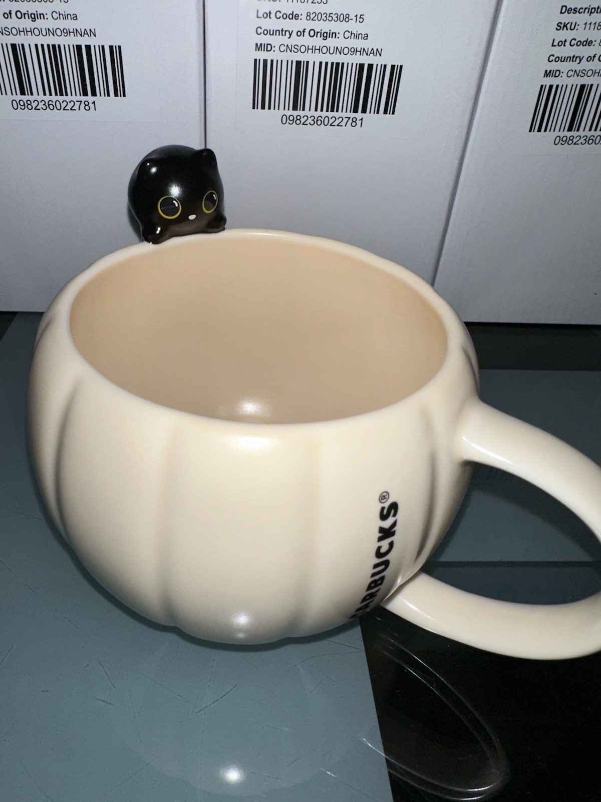 Starbucks Halloween Ceramic Autumn  Pumpkin Black Peep Cat Mug / NEW