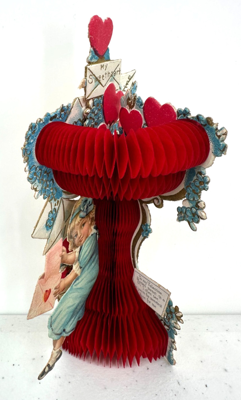 Antique Victorian Die-Cut Honeycomb Stand Up Valentine Card Roses Sweet Germany