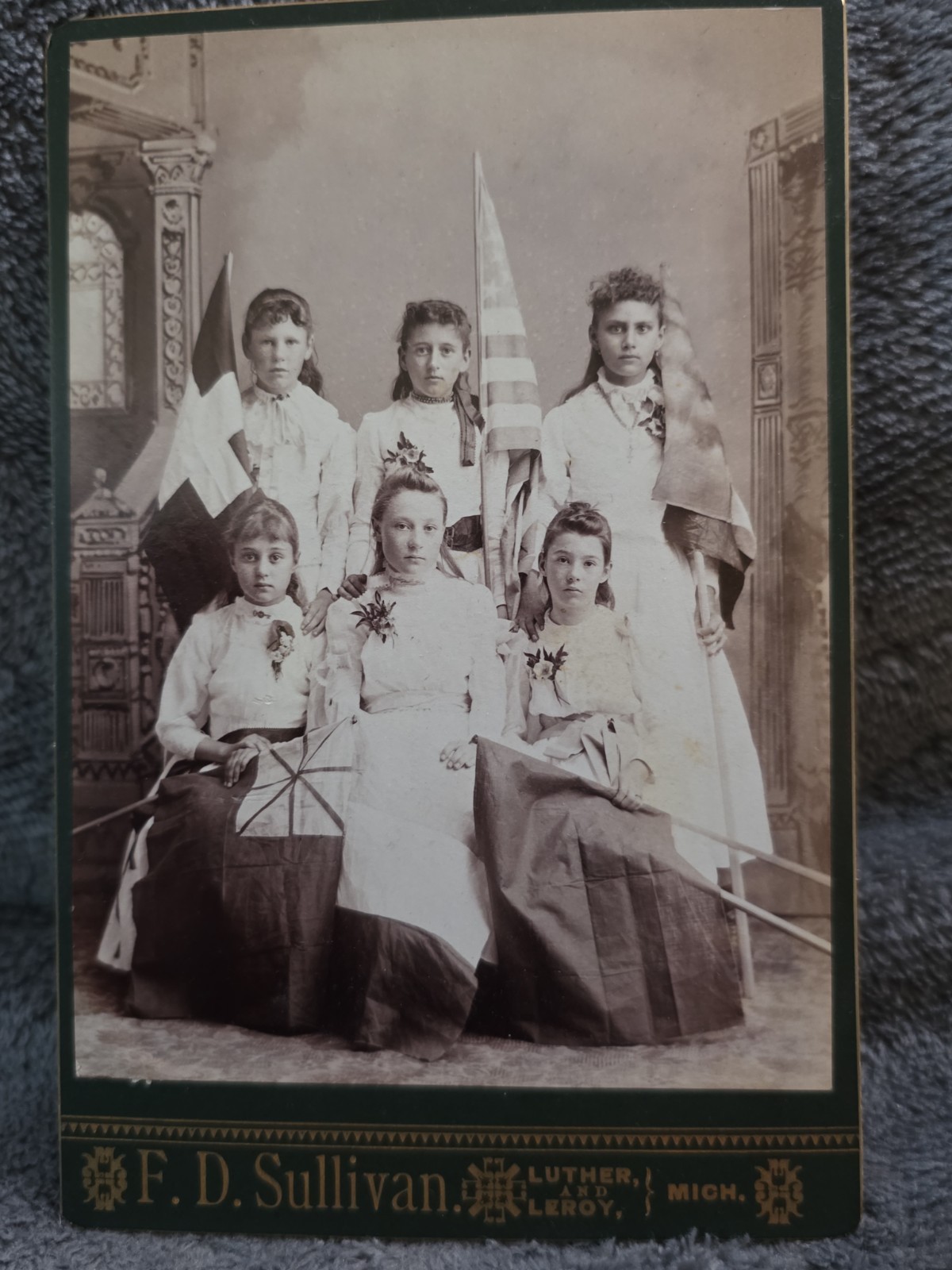Antique Cabinet Card Patriotic Young Women Holding American & French Flags F.D.