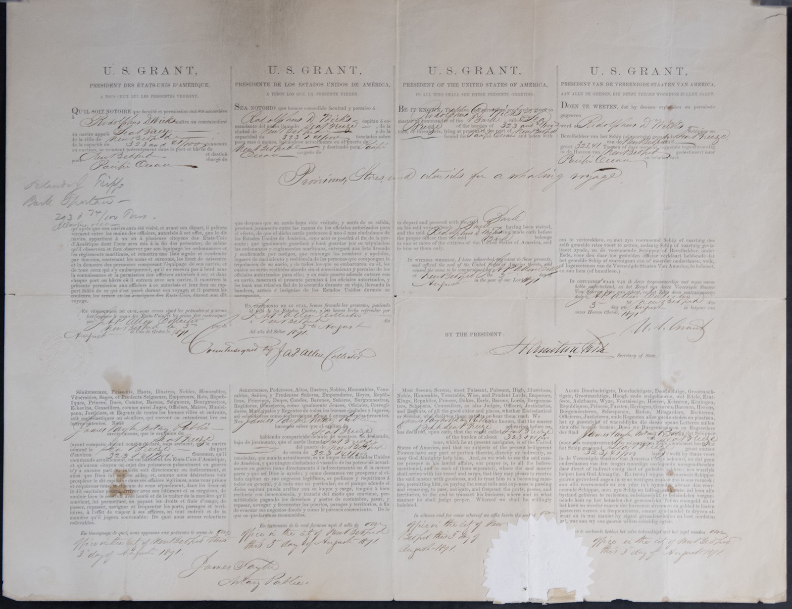 ULYSSES S. GRANT - FOUR LANGUAGE SHIPS PAPERS SIGNED 08/03/1871 WITH CO-SIGNERS