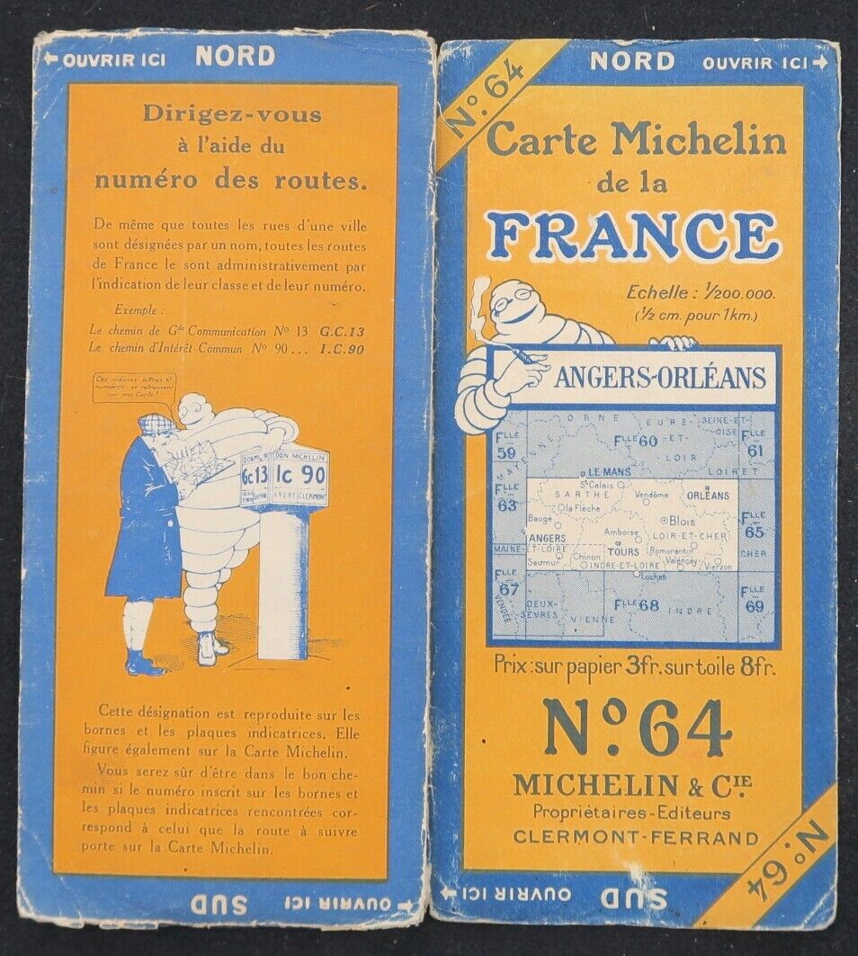 1925 MICHELIN 64 ANGERS ORLEANS Card Entched Guide Bibendum Tire Tyre Map