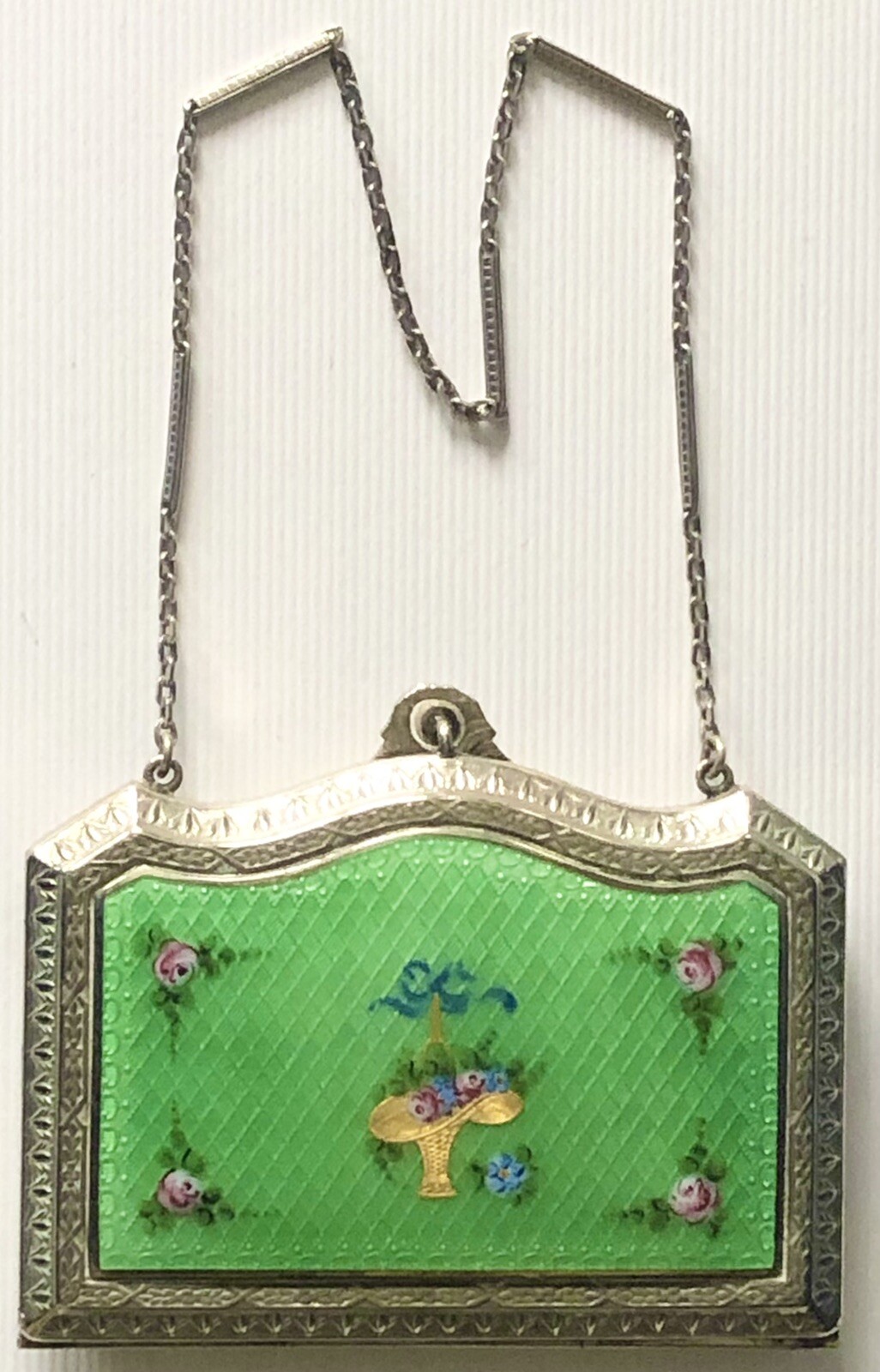 VINTAGE Marathon Green ENAMEL Hand Painted Flower Basket PURSE Shape COMPACT