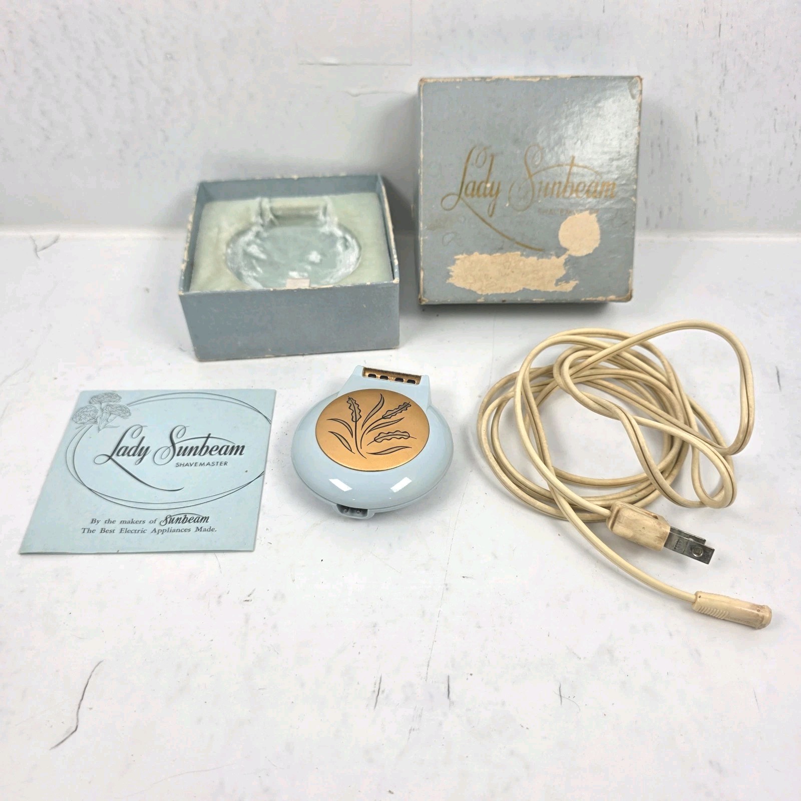 Vtg Lady Sunbeam Shavemaster Model LS Electric Razor Blue Gold WORKS with Box