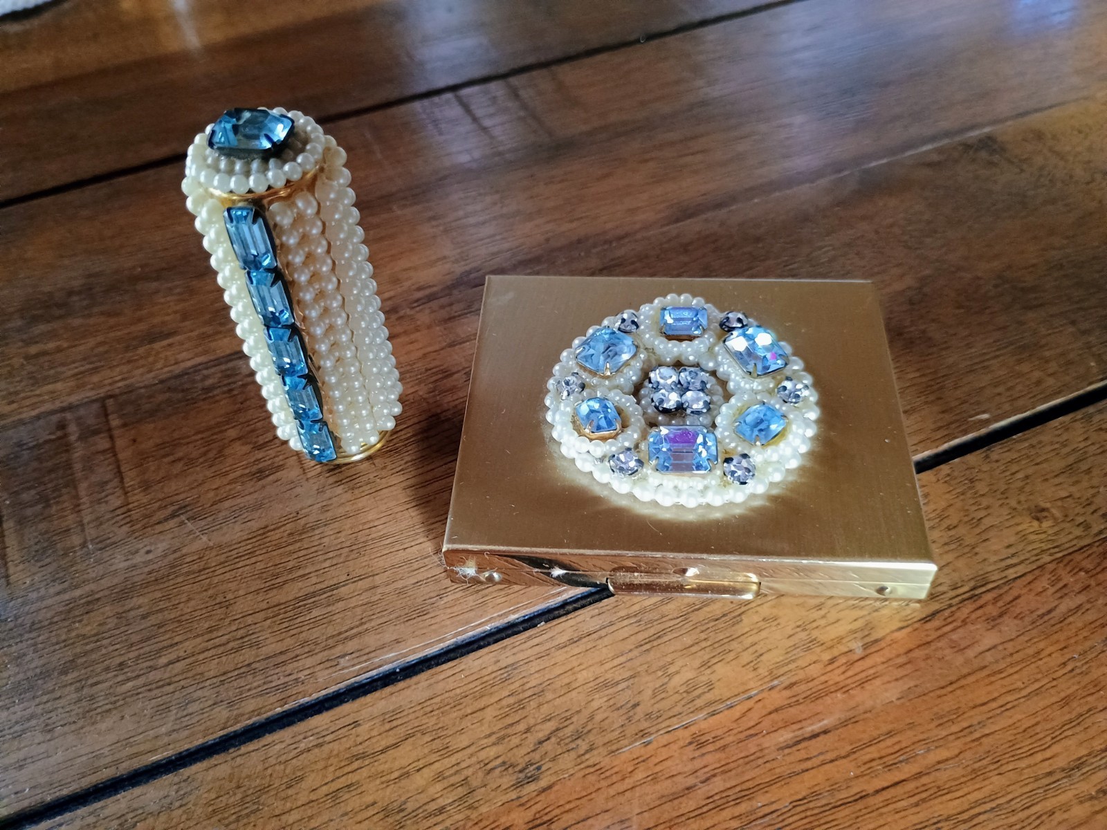 1958 Vintage Wiesner Lipstick Holder & Compact With Pearls, Rhinestones