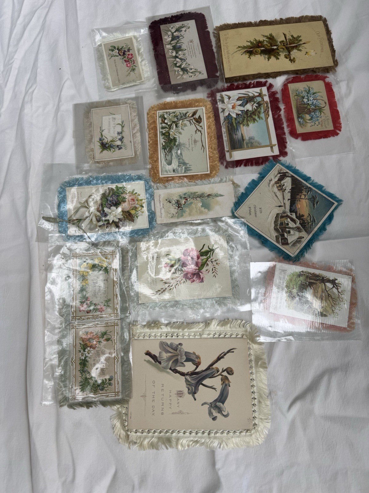 14 Antique Victorian Silk Fringe Greeting Cards 1880s–1900s