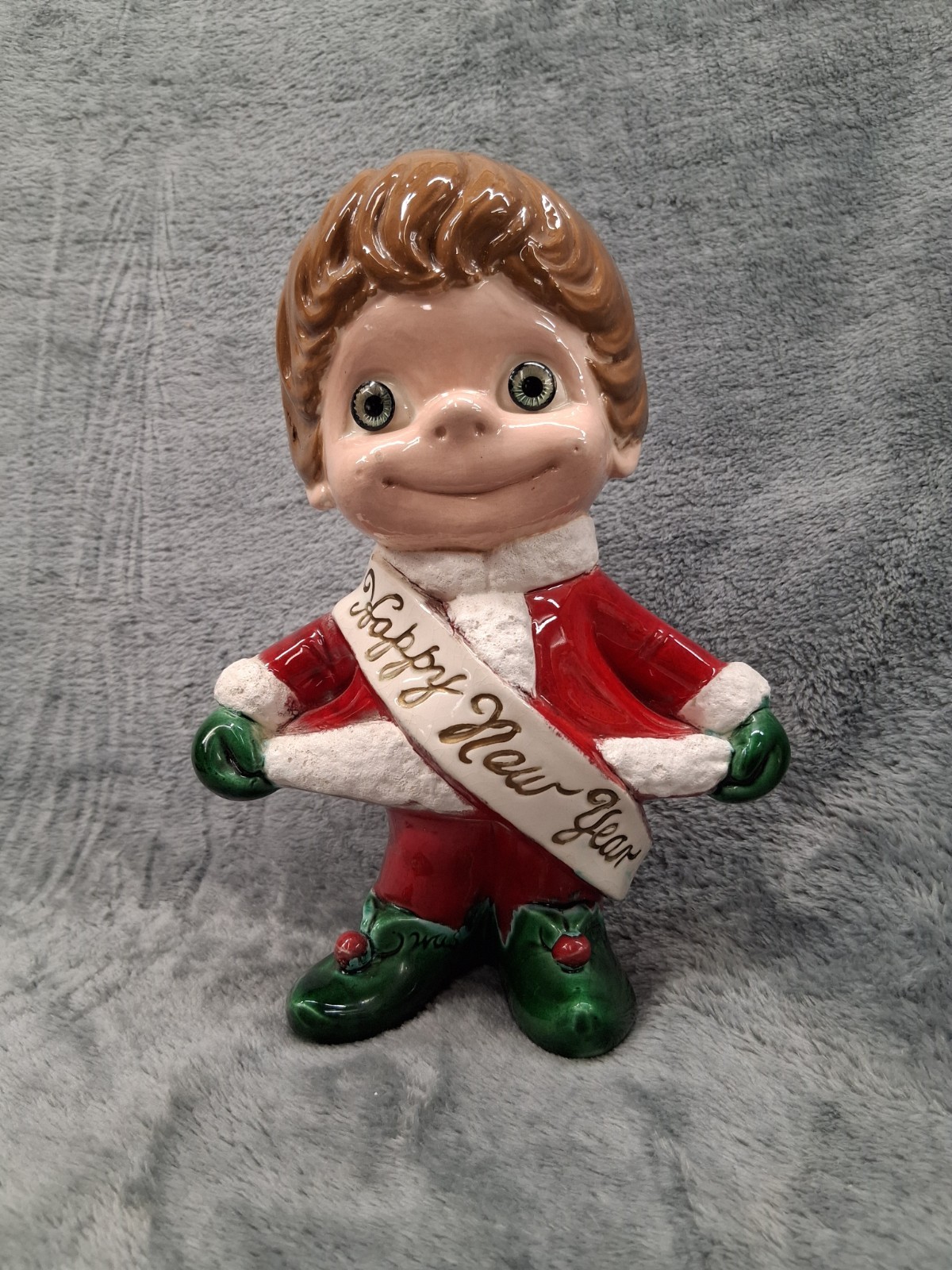 Vtg 1970s Atlantic Mold Ceramic Happy New Year Elf Figurine Gray Pop In Eyes 10\